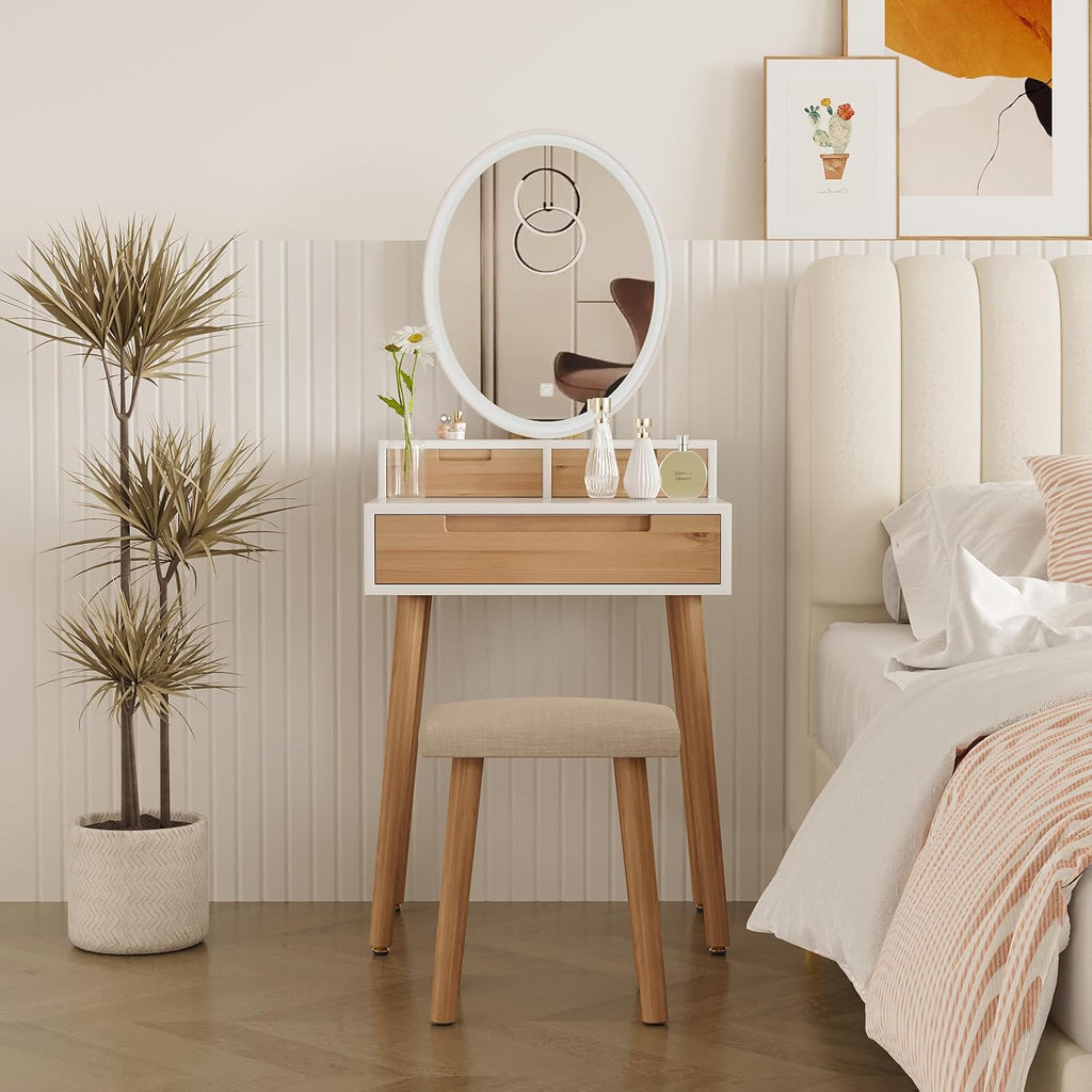 YOURLITE Small Makeup Vanity Desk with Lights, Compact Vanity Desk with Adjustable Brightness Mirror for Small Spaces, Dressing Table with Drawers and Storage Shelves