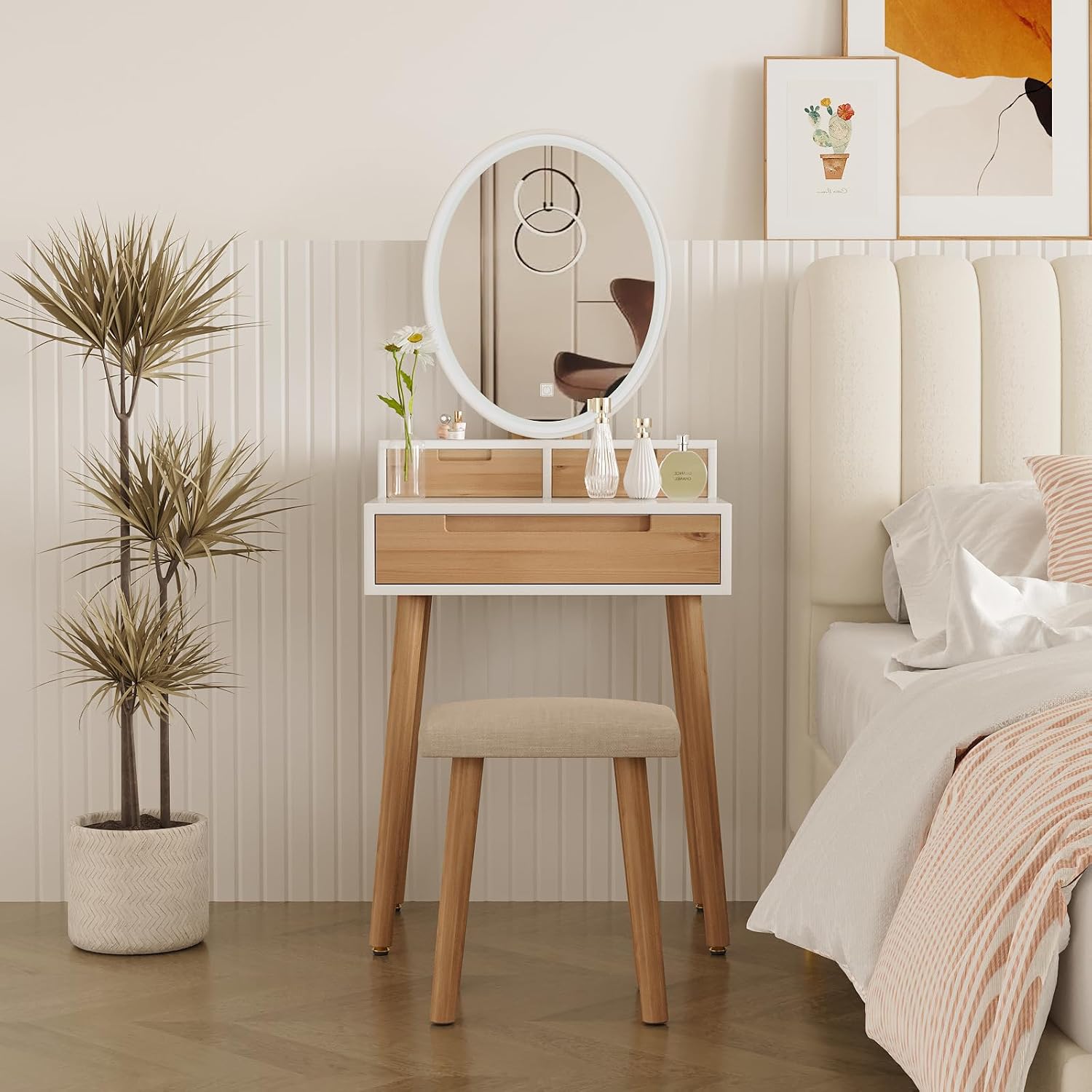 YOURLITE Small Makeup Vanity Desk with Lights, Compact Vanity Desk with Adjustable Brightness Mirror for Small Spaces, Dressing Table with Drawers and Storage Shelves
