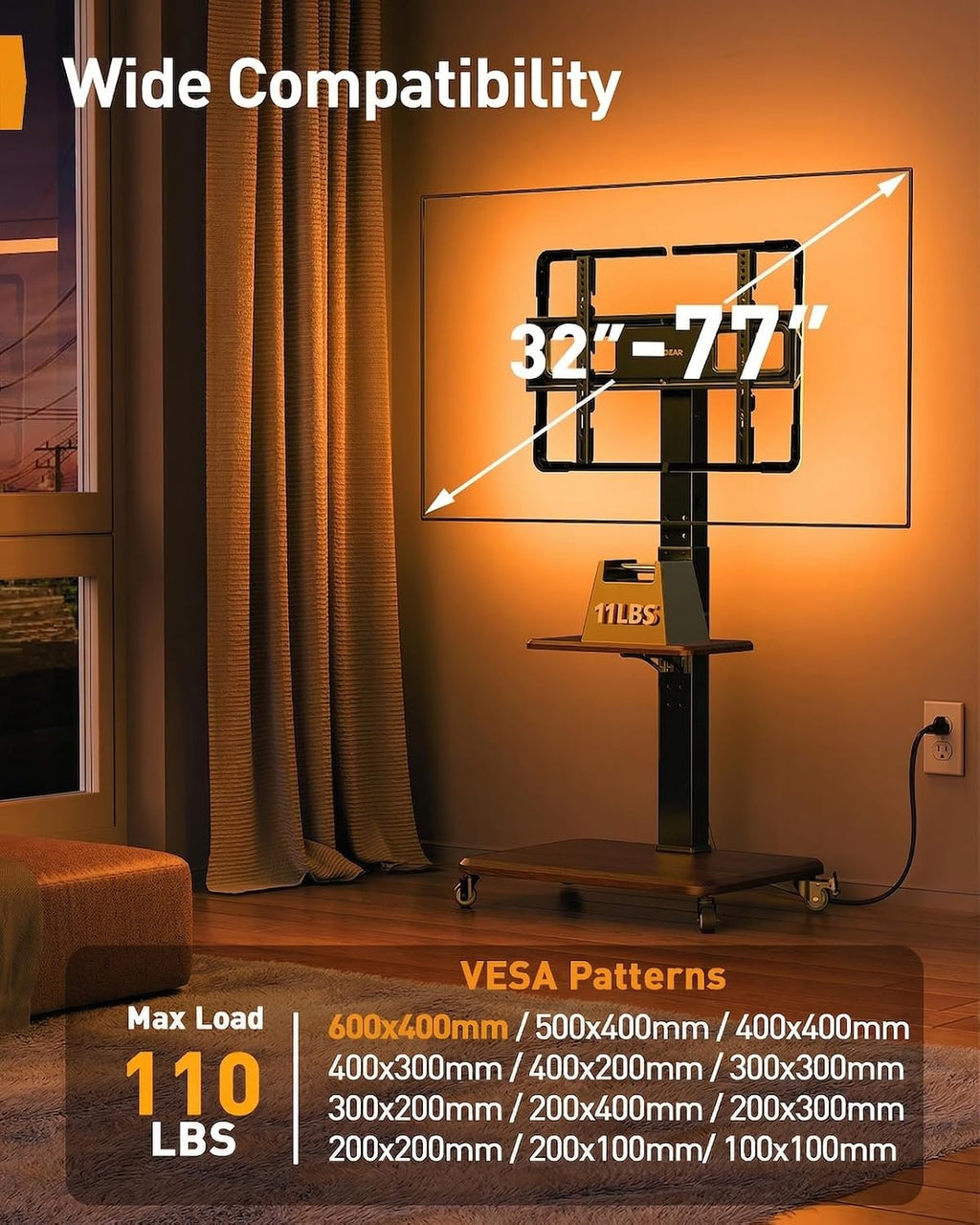 Perlegear Rolling TV Stand with LED Lights for 32'-77' TVs up to 110 lbs, Mobile TV Stand with Swivel, Tilt, and 18 Height Levels, TV Cart with Wheels and Solid Wood Base, Max VESA 600x400mm, PGTVC32B