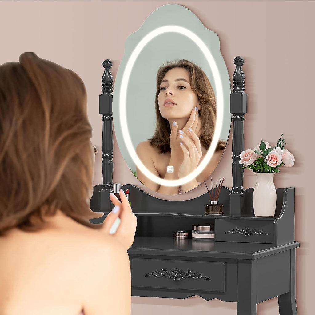 Vanity Desk with LED Lighted Mirror & 4 Drawers, Makeup Vanity Table with Cushion Stool, 3 Color Modes & Adjustable Brightness Dressing Table, for Bedroom, Black (Black)