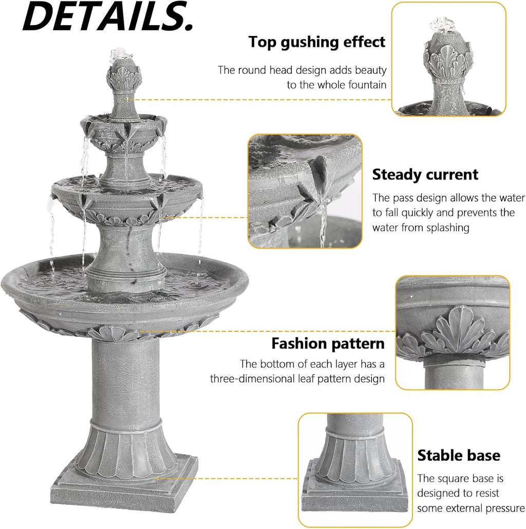 TITIMO 48' High Italian Feature Freestanding Water Fountain Outdoor and Indoor,3-Tier Roman Pillar Waterfalls Fountains for Garden,Patio,Yard,Deck,Backyard,Porch (Gray)