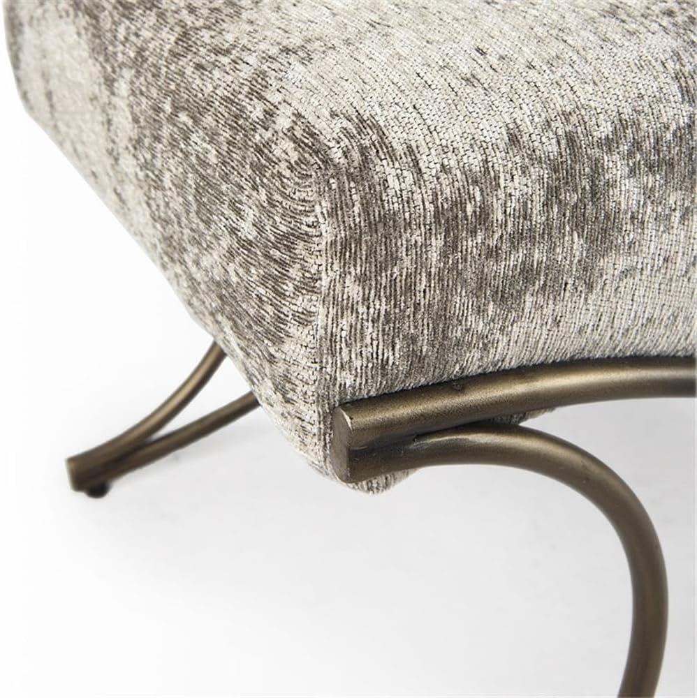 Pemberly Row Vanity Bench, 55 x 17.6 x 18 in, Light and Dark Gray Fabric Seat, Antique Gold Crisscross Metal Frame, Elegant Entryway or Living Room Seating, Versatile Decor Statement Piece