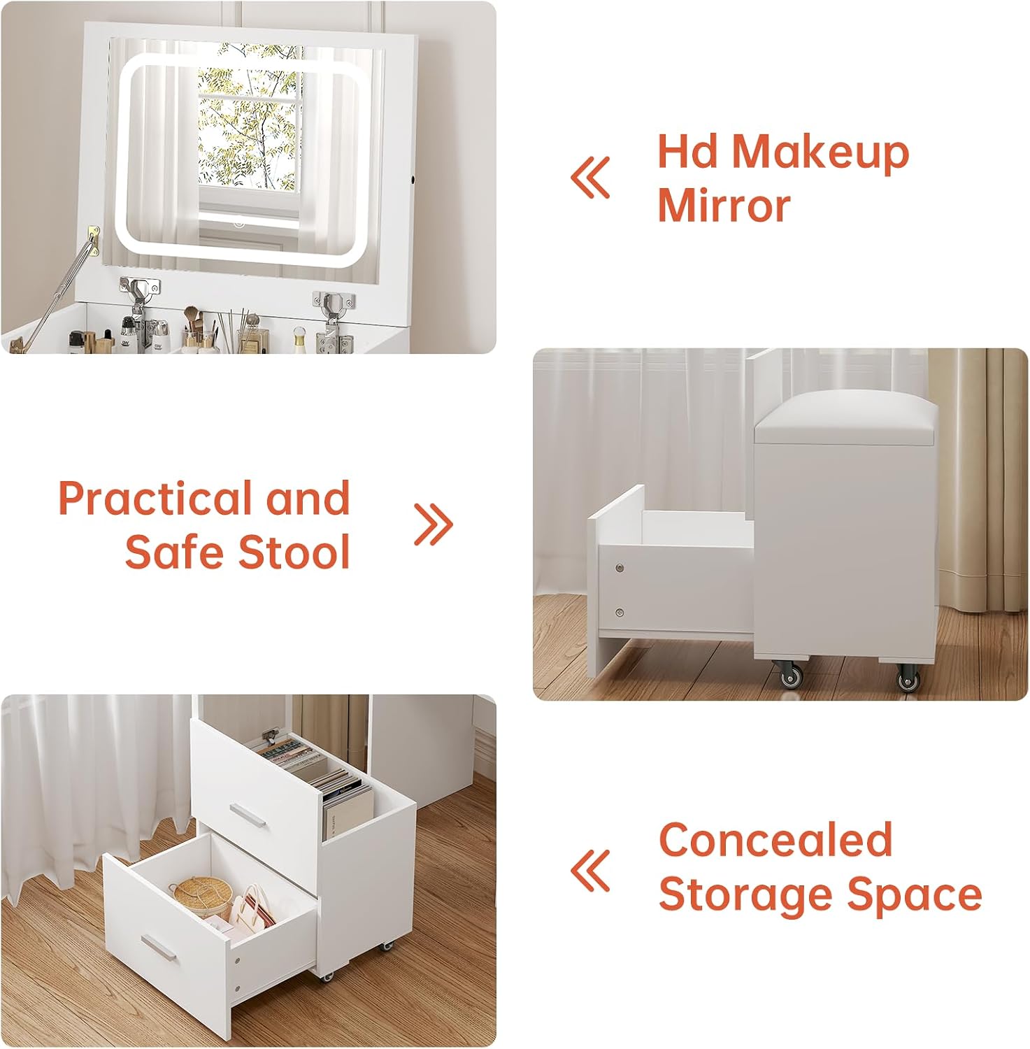 3 in 1 Vanity Desk with Flip Top Mirror, Compact Vanity with 3 Drawers, Makeup Desk with 3 Colors Lights and Storage Cushioned Stool, Dressing Table Nightstand Perfect for Bedroom, White
