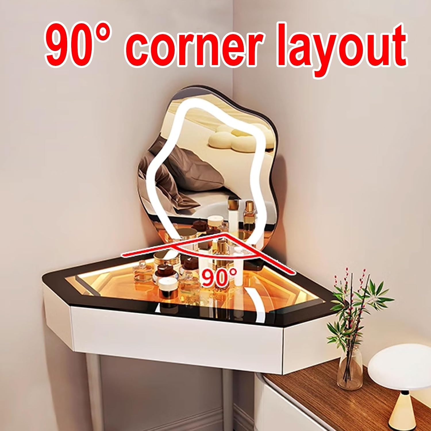 Makeup Vanity with Mirror and Lights Expandable and Adjustable Wood Vanity Lighting Adjustable in Three Levels 90° Corner Design Multi-Purpose Table(White,140 * 30 * 130CM)