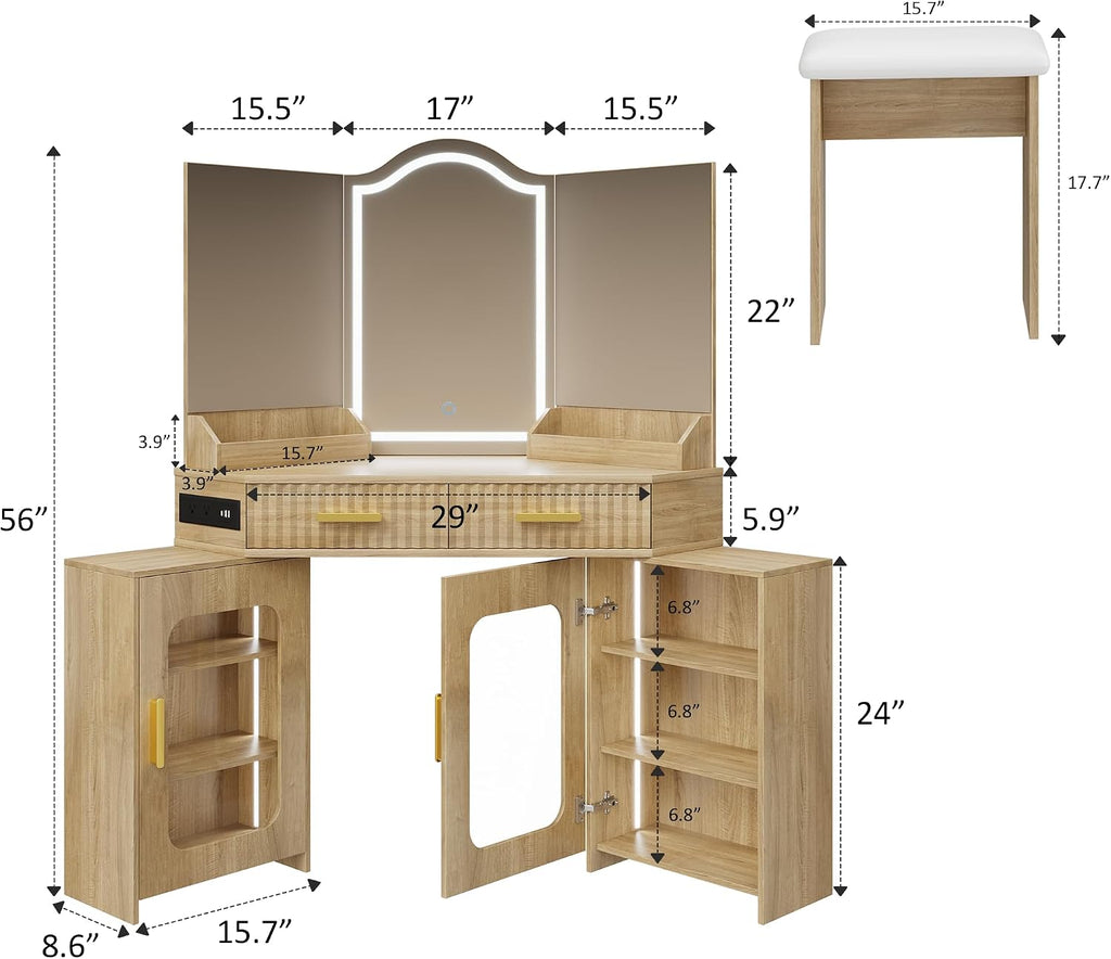 Corner Vanity Desk with 3 Way Mirror & LED Lights, Makeup Table Set with Charging Station, Storage Drawers & Side Cabinets, Modern Bedroom Dressing Table for Women & Girls Birthday Gift