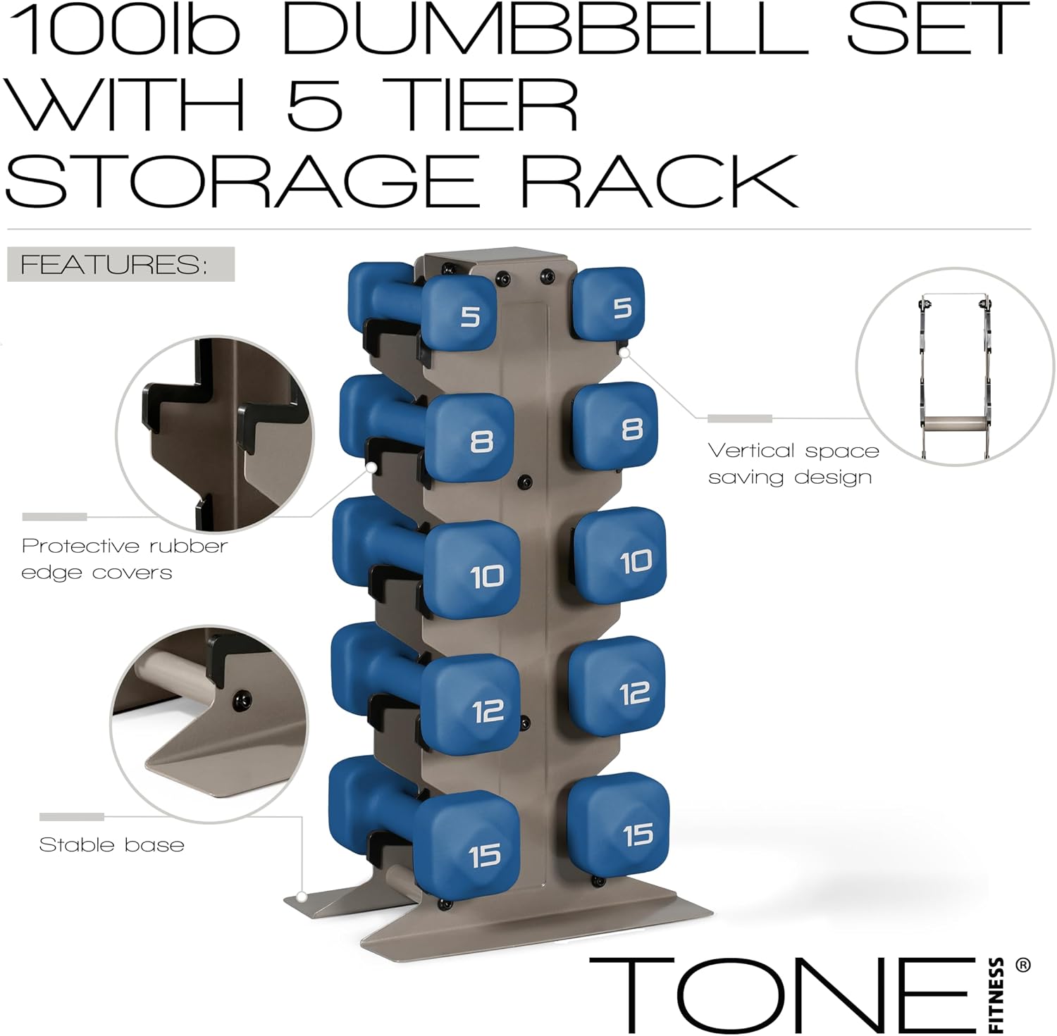 Tone Fitness Neoprene Dumbbell Set with Storage Rack – Non-Slip, Anti-Roll Hand Weights for Home Gym Workouts | 20 lb, 32 lb, 50 lb, 60 lb & 100 lb Options