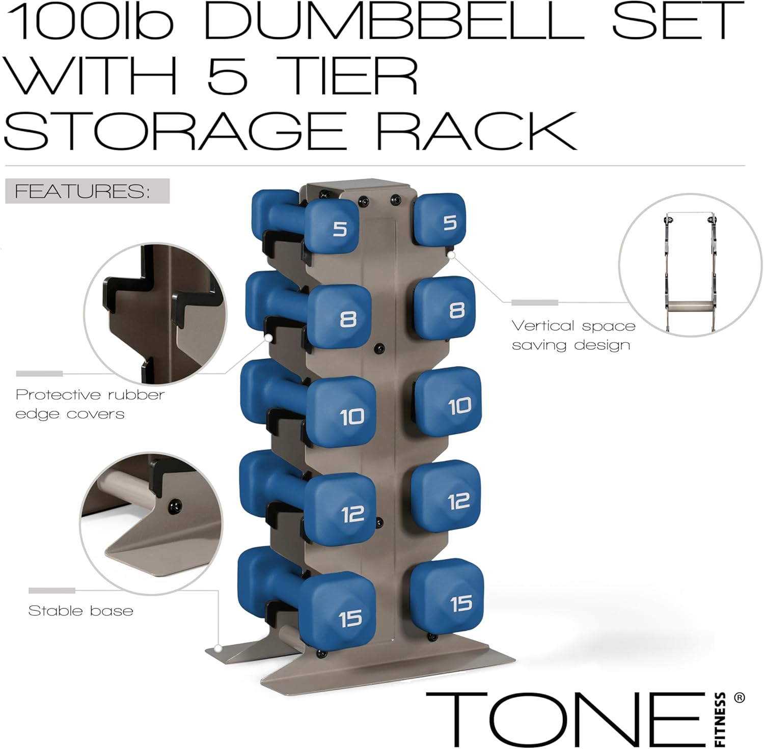 Tone Fitness Neoprene Dumbbell Set with Storage Rack – Non-Slip, Anti-Roll Hand Weights for Home Gym Workouts | 20 lb, 32 lb, 50 lb, 60 lb & 100 lb Options