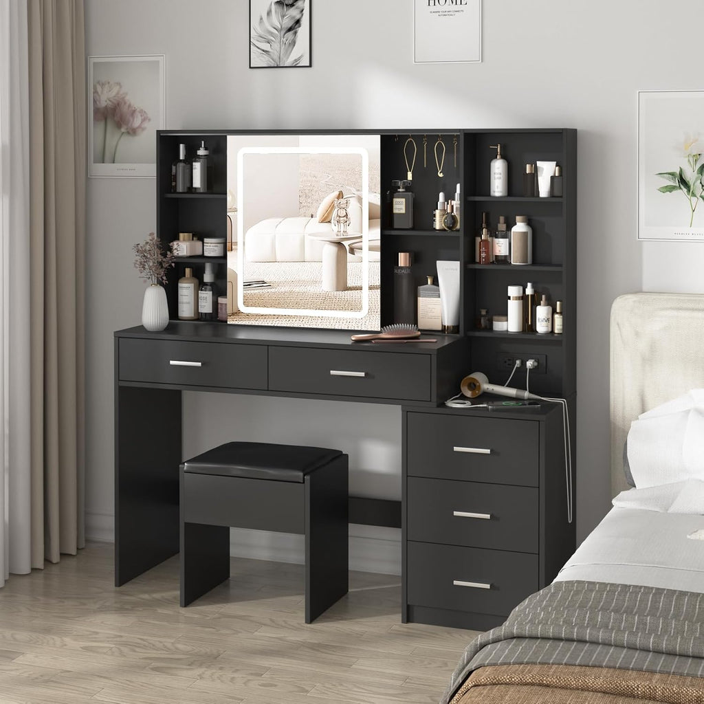 Fameill Vanity Desk with Mirror and Lights, Makeup Vanity with 5 Drawers, Makeup Desk with Charging Station and Ample Storage, Dressing Table with Chair for Bedroom Room (Black)