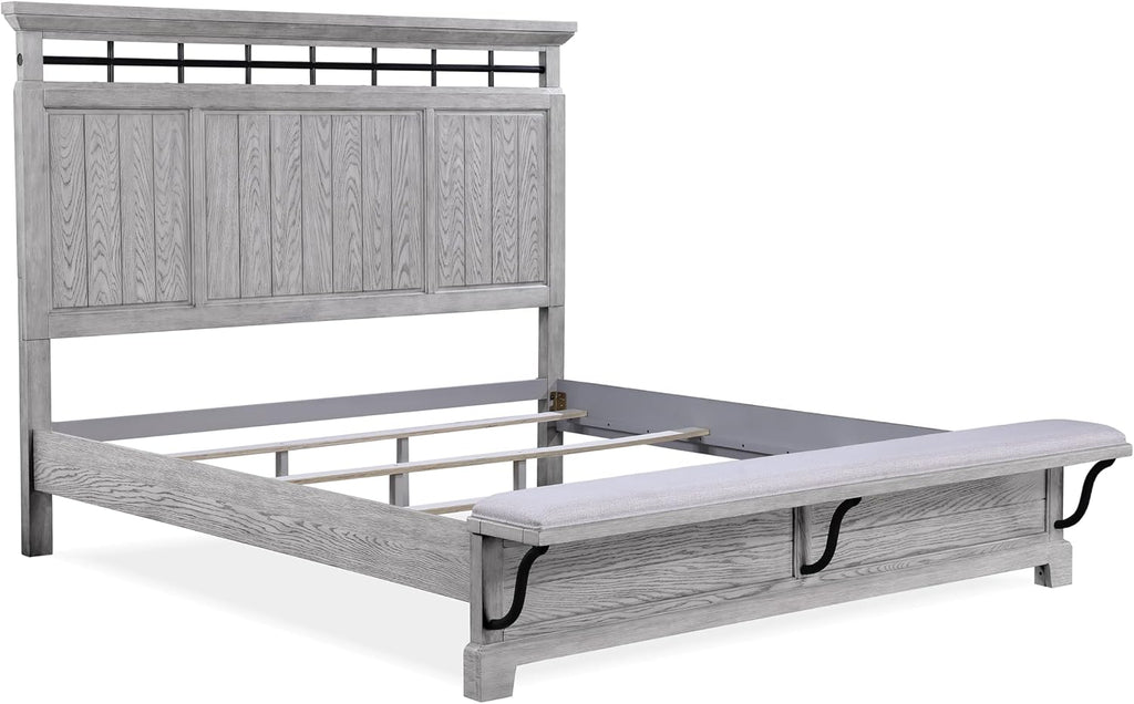 3pc Light Gray Finish King Size Panel Built-in Bench Bed Set Bedroom Solid Wood Furniture