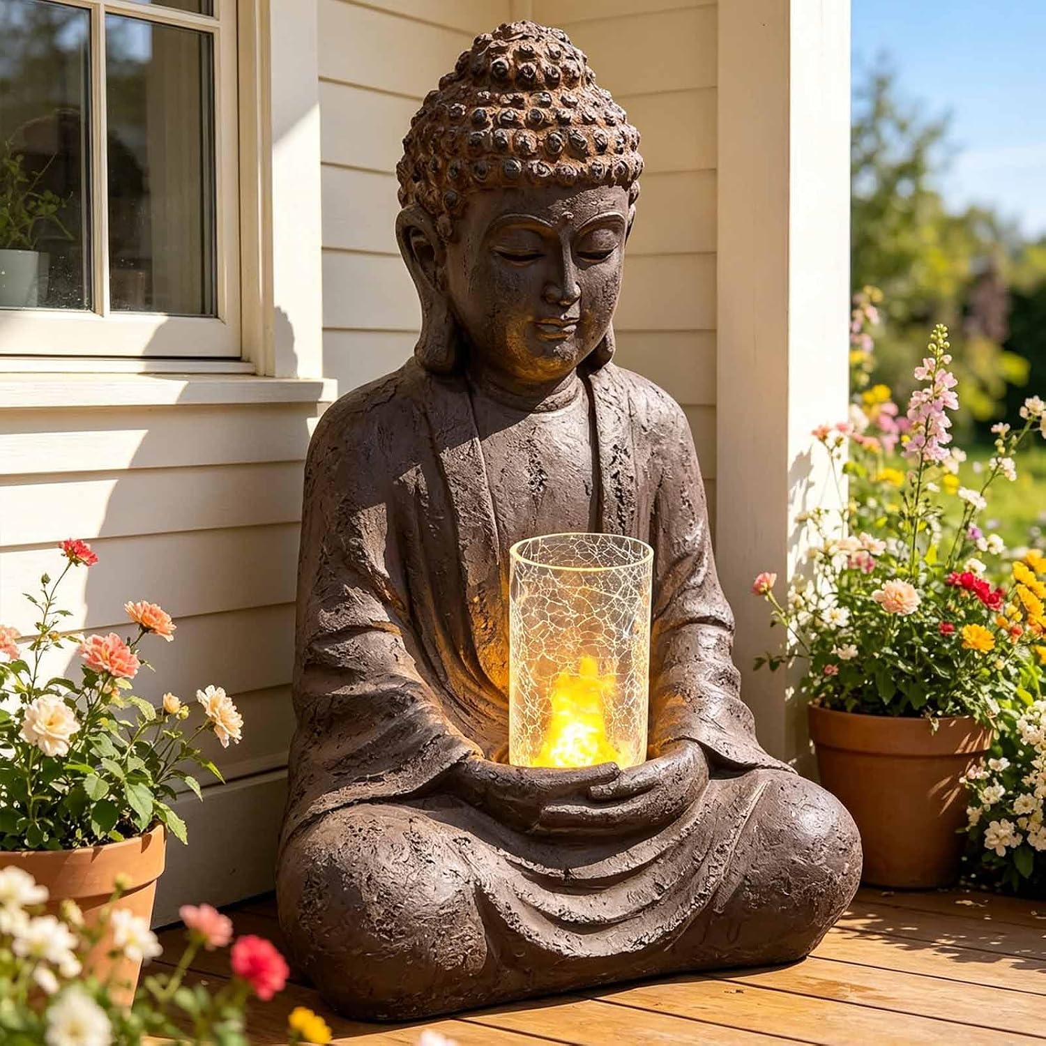 24' H Buddha Water Fountain Sitting Buddha Zen Fountain with Glass Cover and LED Light Meditation Indoor/Outdoor Decor for Garden Patio Yard Home Lawn
