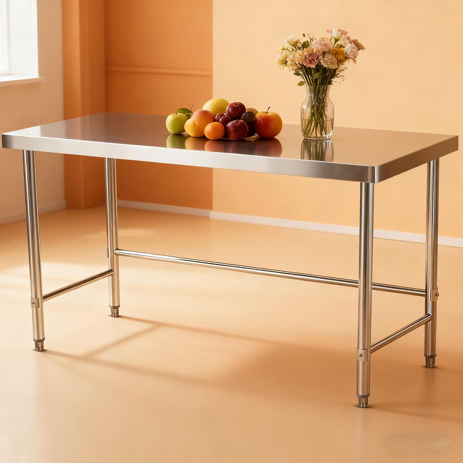 GlowSol Stainless Steel Table 60x24 Inch, NSF Heavy Duty Commercial Prep Table with Locking Casters Open Base, Metal Work Tabl-e for Restaurant Kitchen Home Hotel Food Prep