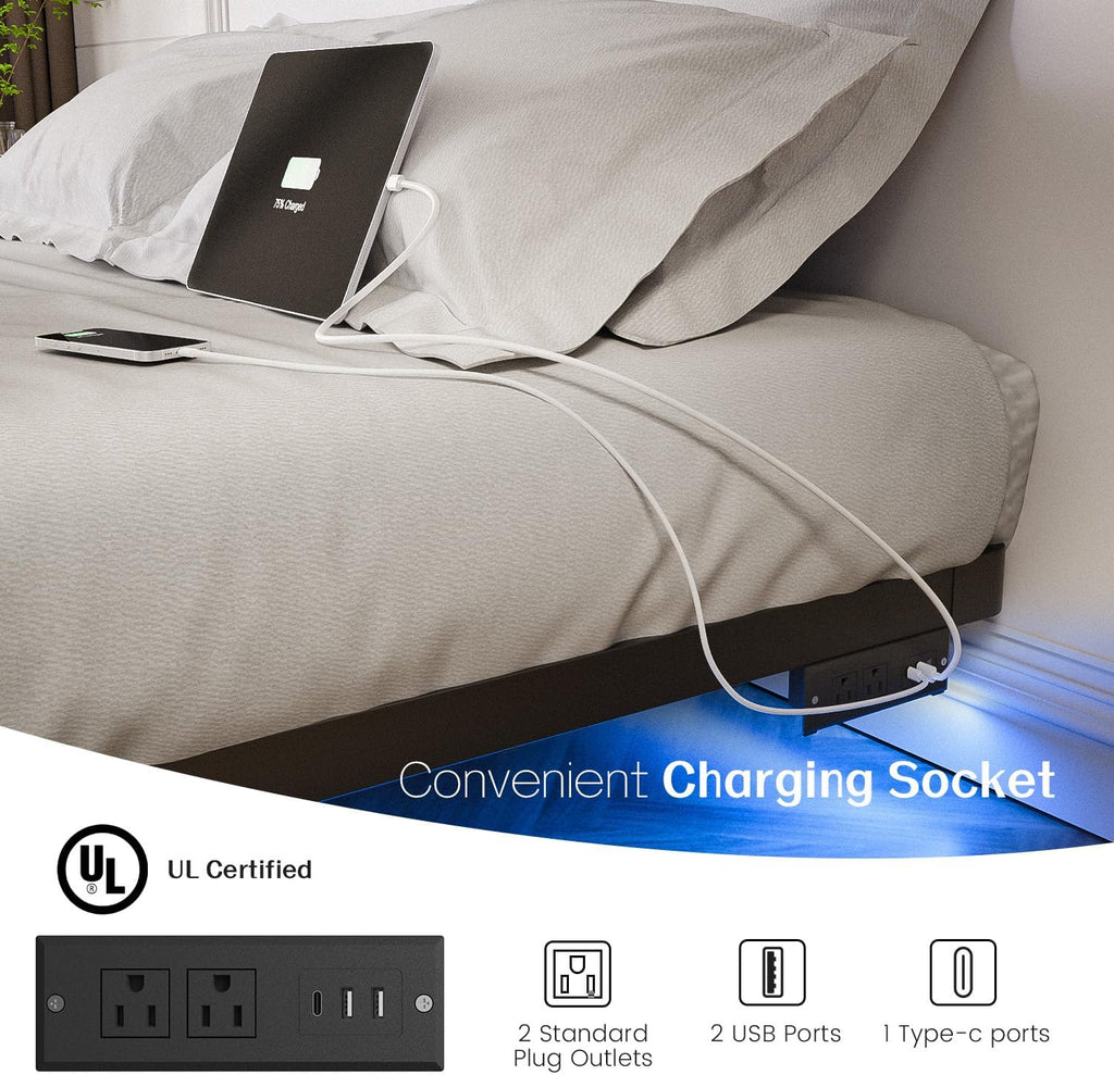 Floating Bed Frame King Size with LED Lights and Charging Station, King Metal Platform Bed Frame, No Box Spring Needed, Easy Assembly (King)
