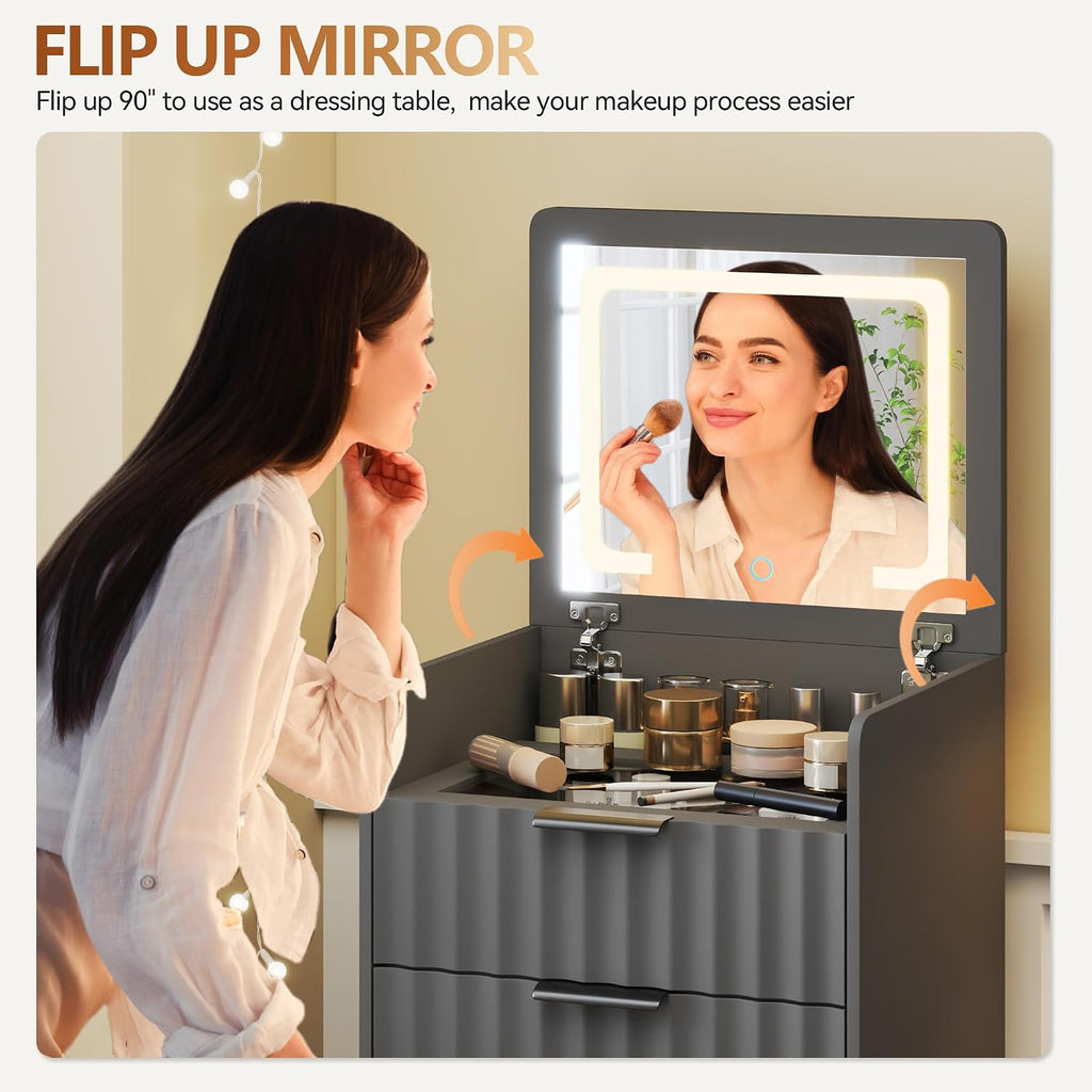 3-in-1 Small Vanity Desk with Flip Top Mirror and Lights,Fluted Compact Makeup Vanity with Storage Stool and Drawers,Mini Vanity Table Set for Bedroom Furniture,Grey