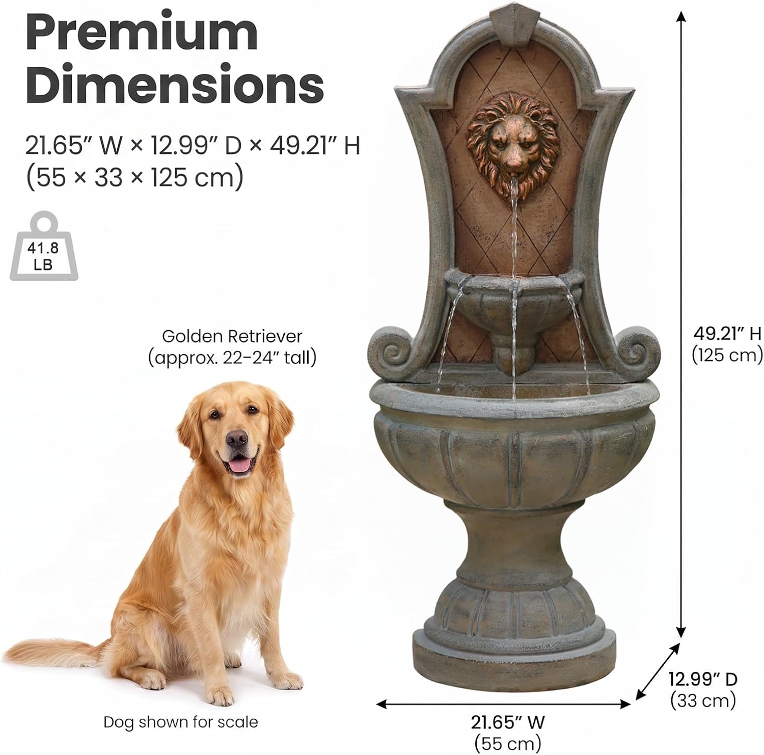 Bumilgar Outdoor Wall Fountain with LED Lights, 49.21' H Freestanding Garden Water Fountain, Large Floor Standing Patio Waterfall Feature, European Resin Flat Back Yard Courtyard Porch Décor