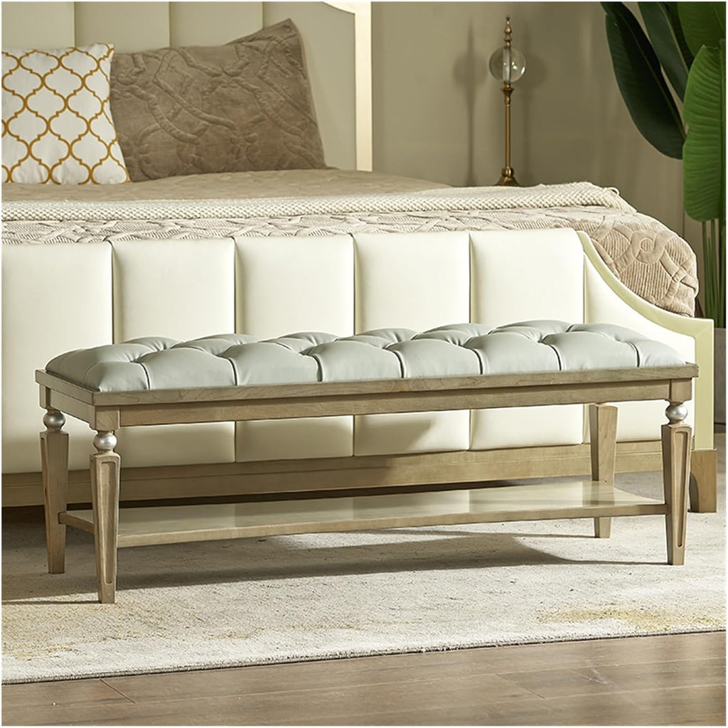 End of Bed Bench Upholstered Bench,Bedroom Bench for End of Bed, Dining Bench Entryway Shoe Bench with Button Tufted Padded Seat for Living Room, Vanity Bench Foot-Stool with Carved Wood Legs, Gray En