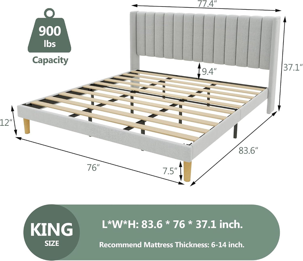 alazyhome Platform Bed Frame King Size with Upholstered Headboard, Solid Wood Slats Support, No Box Spring Needed, Noise Free, Easy Assembly, Modern Fabric Bed, Light Grey
