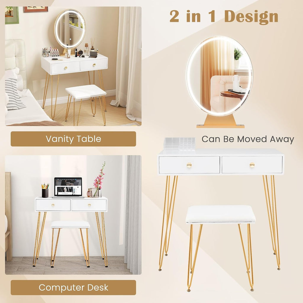 Byroce Vanity Desk with Lighted Mirror, 3 Color Lighting Modes, Adjustable Brightness, 2 Large Drawers & Acrylic Storage Box, Makeup Vanity Table with Cushioned Stool for Bedroom (White)