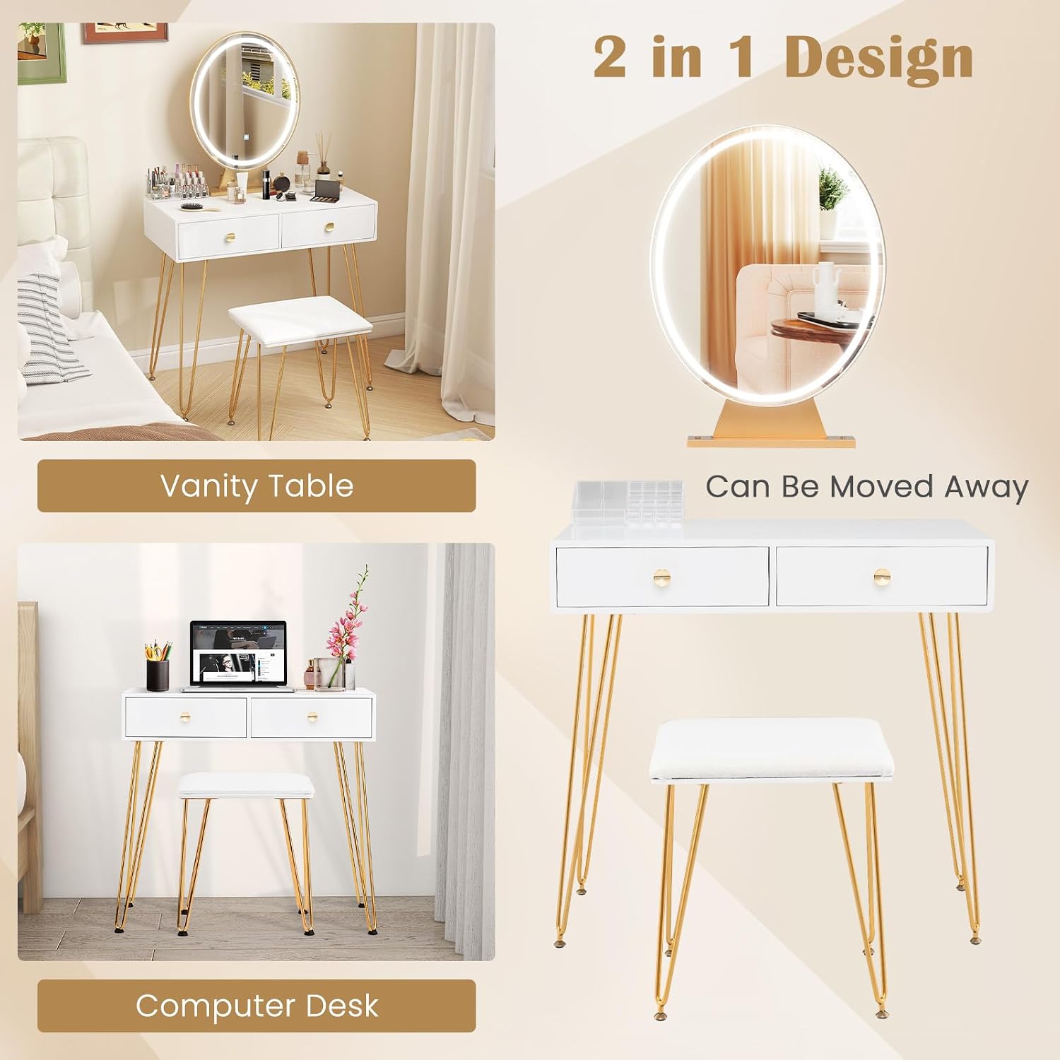 Byroce Vanity Desk with Lighted Mirror, 3 Color Lighting Modes, Adjustable Brightness, 2 Large Drawers & Acrylic Storage Box, Makeup Vanity Table with Cushioned Stool for Bedroom (White)