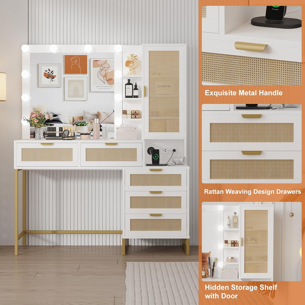 Modern Vanity Makeup Desk with Vanity Mirror, Built-in Lights, 5 Drawers, Power Outlet, Makeup Desk for Bedroom, White & Gold, Rattan