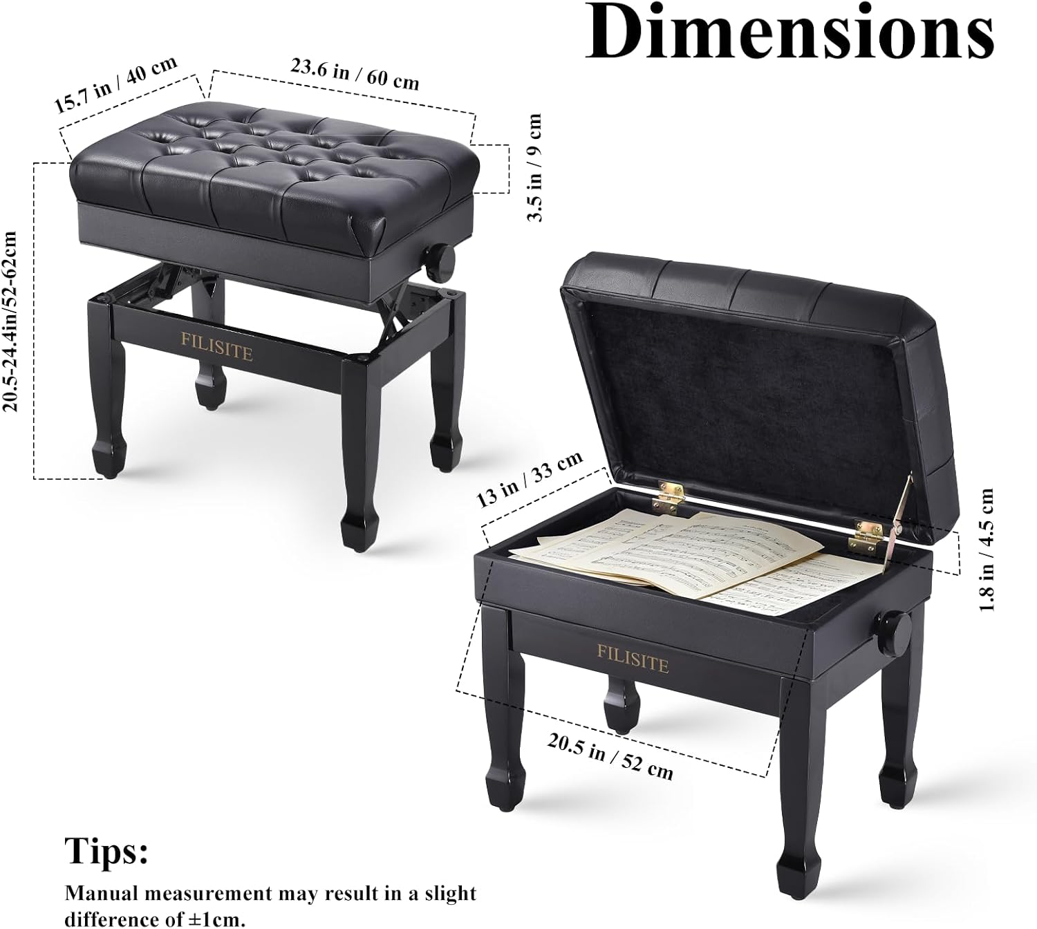 Adjustable Height Piano Bench with Storage, Heavy Duty Solid Wood Piano Stool Keyboard Bench with PU Leather Padded Cushion(Black)