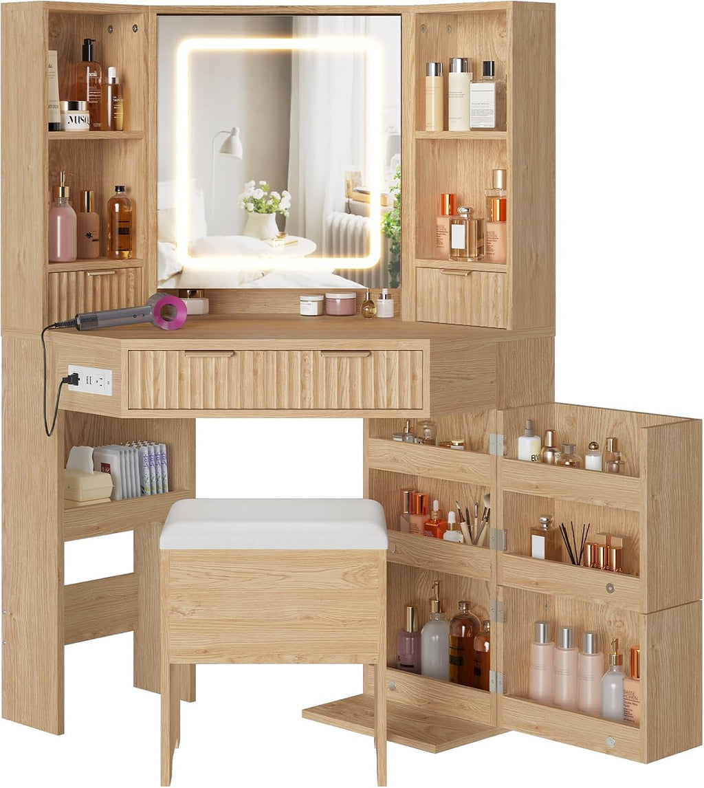 BTHFST Corner Vanity Desk with Lights and Charging Station, Makeup Vanity with Lights, Vanity Set with Mirror and Storage Stool, Makeup Table with Drawers, Rotating Shelves (Natural Oak)