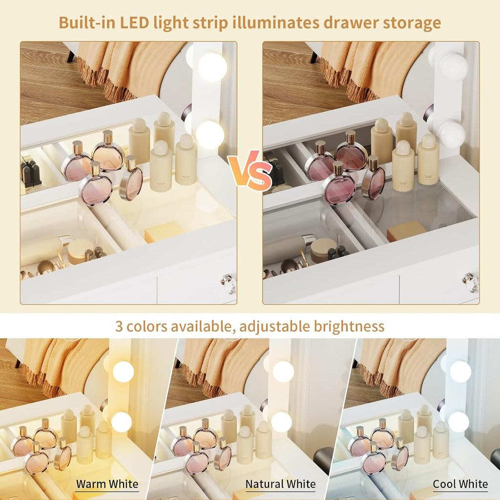 VOWNER Vanity with Lighted Mirror - Makeup Vanity Desk with Glass Top and 11 Drawers, 3 Color Lighting Modes Adjustable Brightness, 46' Vanity Table with Soft Cushioned Stool for Bedroom, White