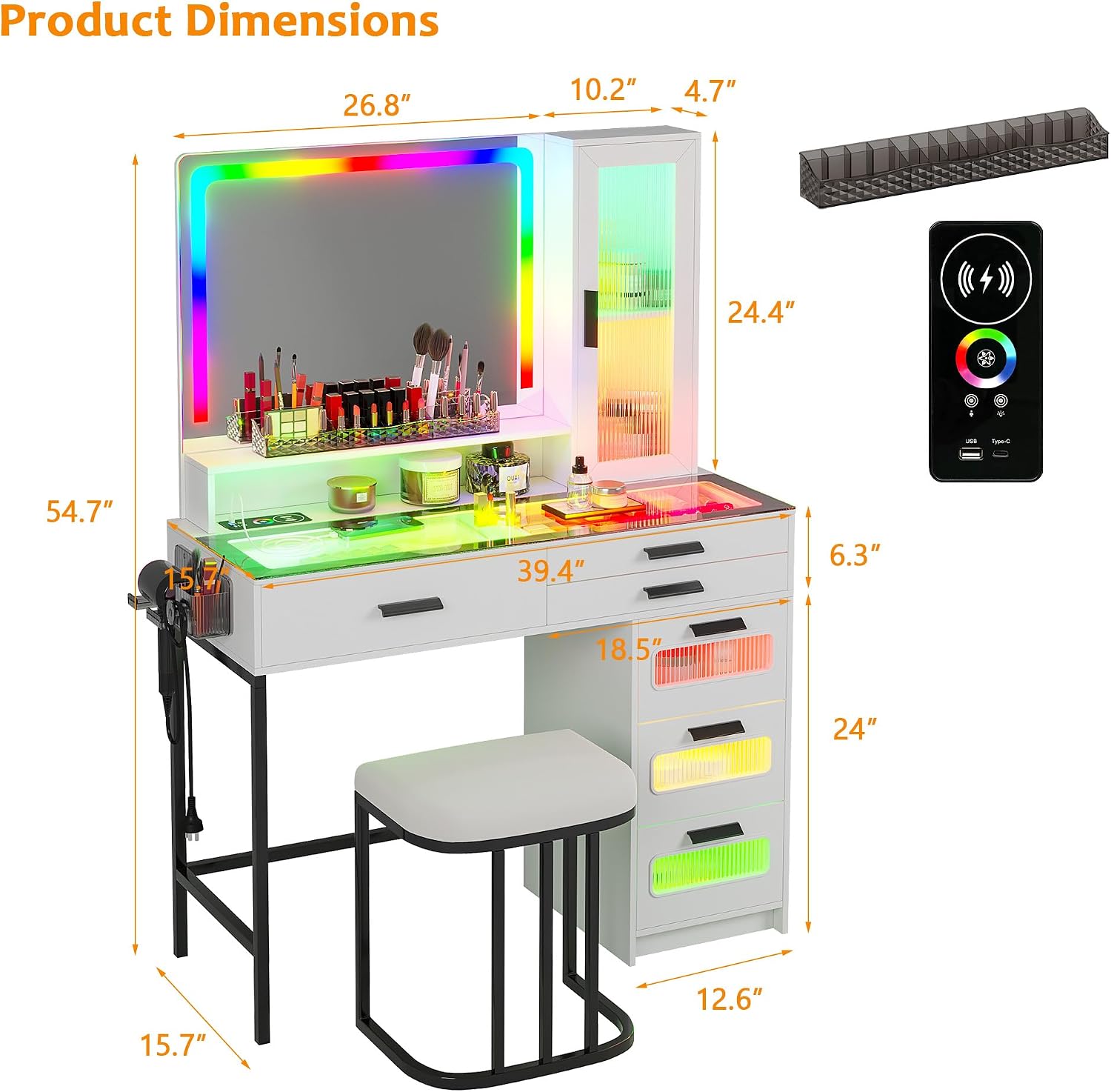 WOOVIVS Vanity with LED Mirror, Makeup Desk with 24 RGB Atuo Lighted Drawers for Bedroom, Glass Top Vanities Table Set with Wireless Charging Station, Chair,Jewelry Organizer for Girls/Women (White)