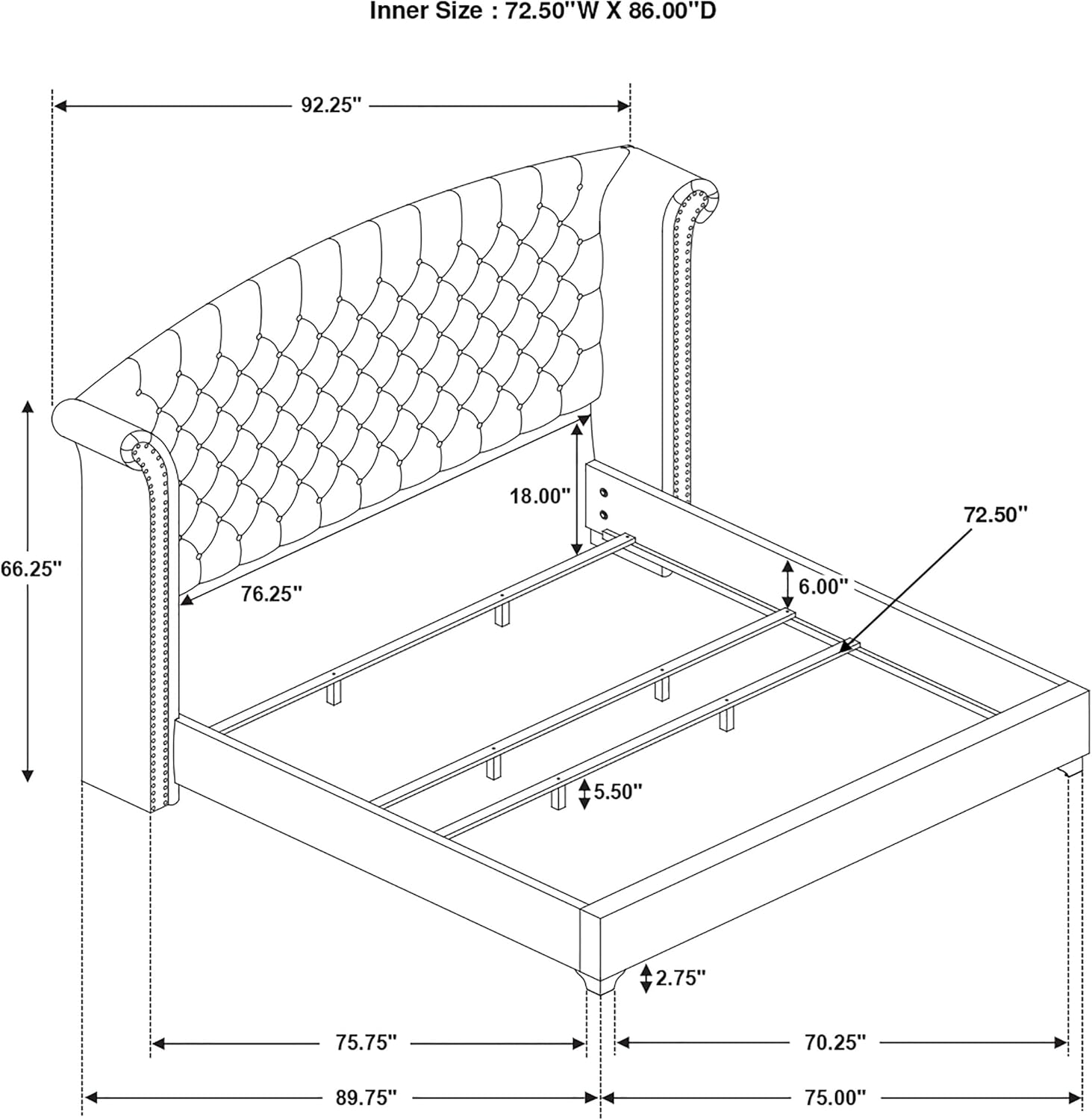 Coaster Home Furnishings - Melody - Wood - Upholstered Wingback California King Panel Bed with Button Tufting, Nail Head Trim, Chrome Legs, and Curved Headboard - Bedroom - Pacific Blue - 223371KW