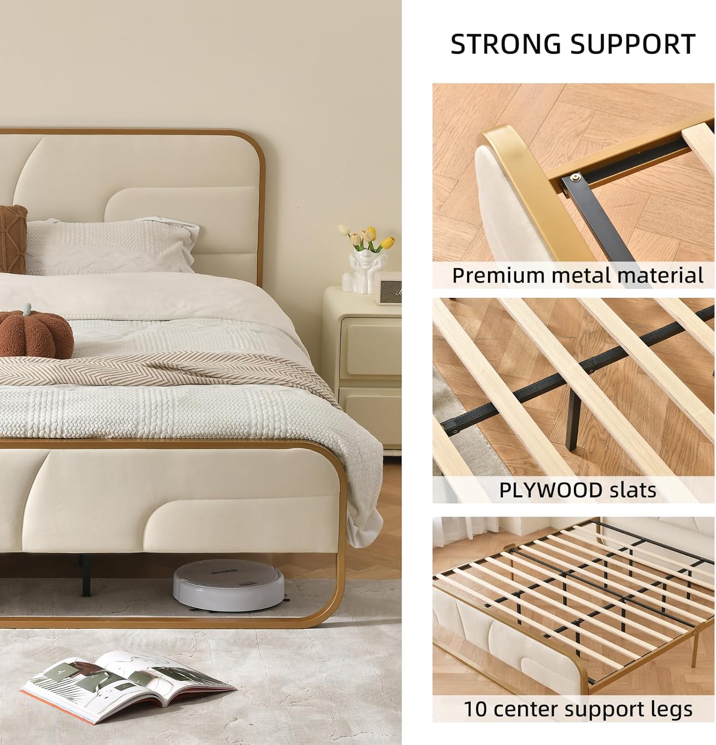 VELOCAVA Rounded Metal Upholstered Bed King with Unique Headboard, Soft Velvet Platform Bed Storage Supported by Metal Base and Wooden Slats, No Box Spring Needed,Gold & Cream