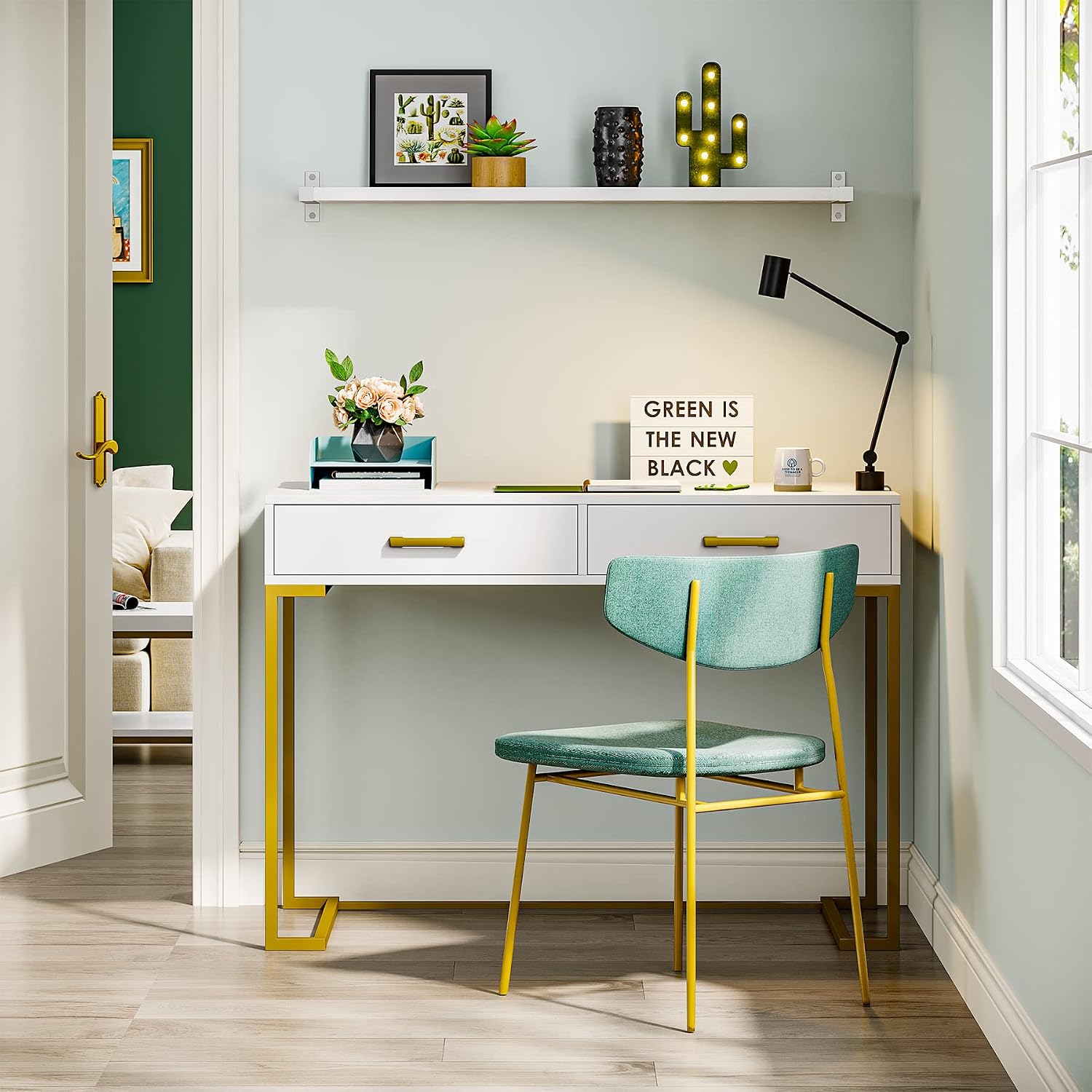 Tribesigns Vanity Desk with 2 Drawers, White and Gold Small Makeup Vanity, Modern Vanity Table Dressing Desk for Women Girls Gifts (Without Mirror)