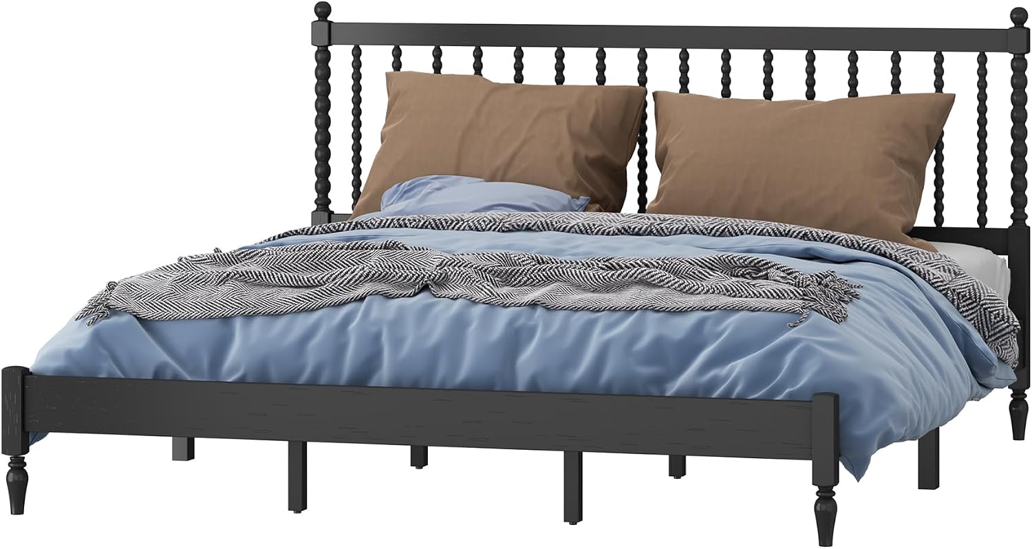 Generic 3 s Bedroom Sets King Size Wood Platform Bed with Gourd Shaped Headboard with 2 Nightstands,Antique Black