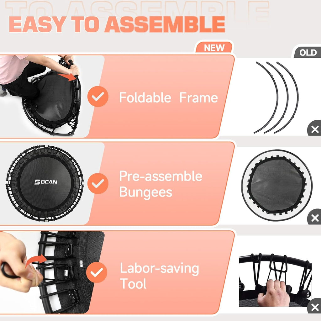 BCAN 450/550LBS Mini Rebounder Trampoline for Adults, 40'/48' Foldable Fitness Trampoline with Bungees, Quiet & Stable Exercise Trampoline Indoor/Home/Garden (BT2, Without Handle)