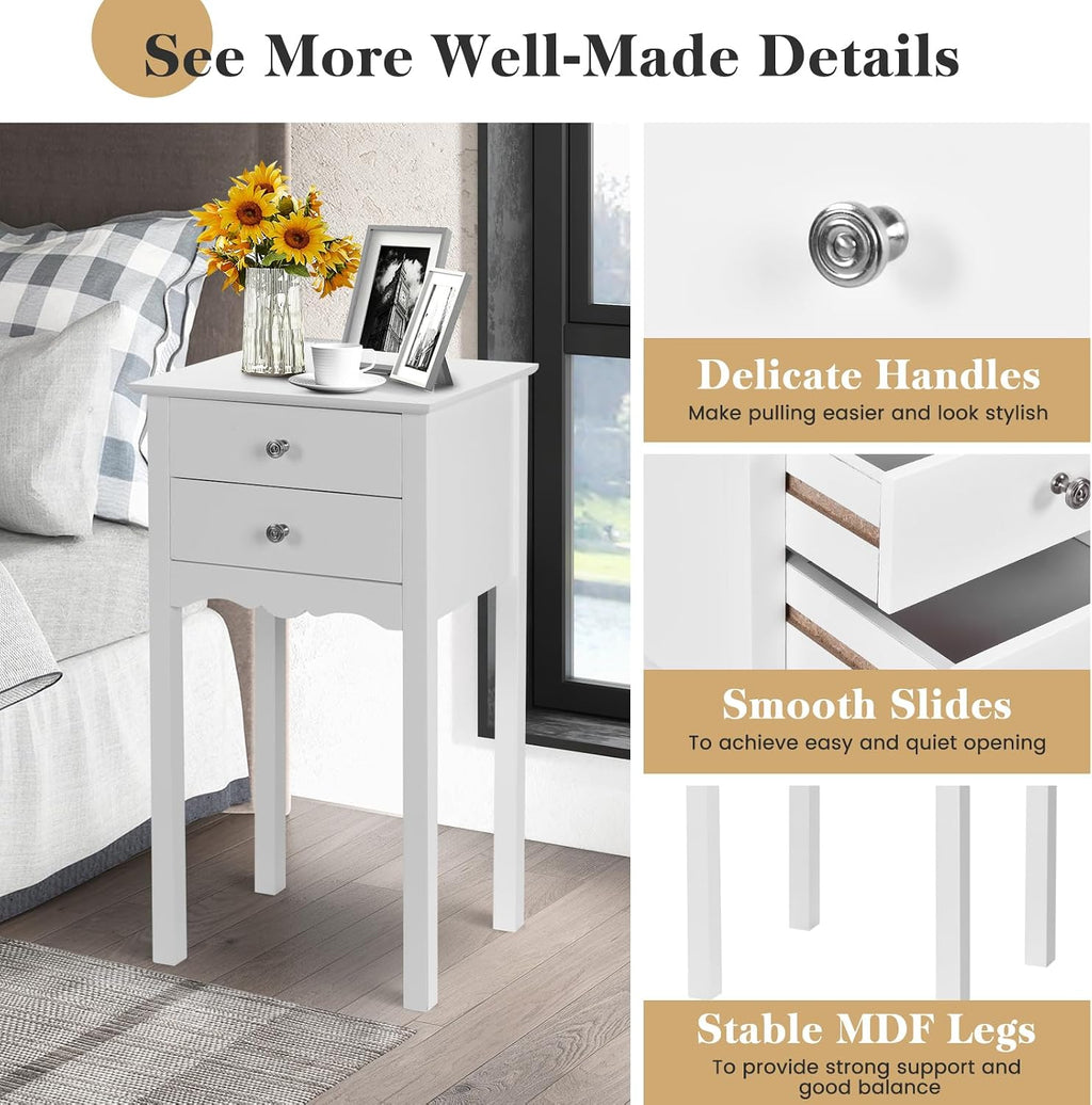 Giantex 2 Pcs End Table w/ 2 Drawers Side Table Nightstand Multi-Purpose Accent Table Living Room Bedroom Home Furniture (2, White)