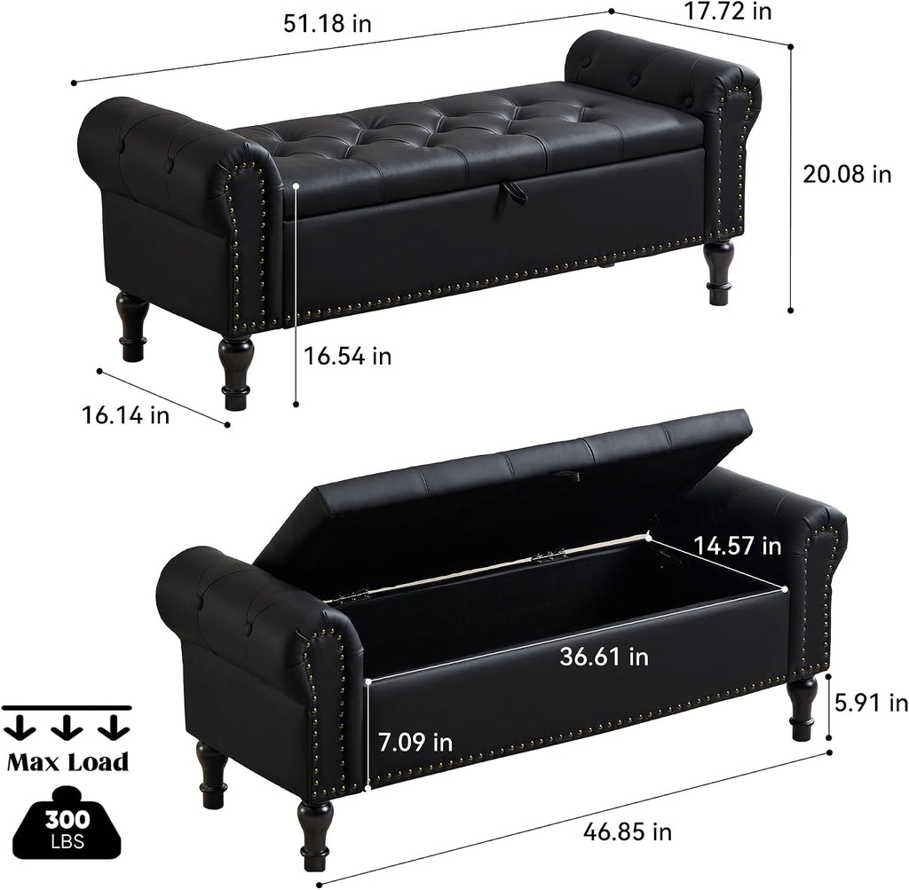 Storage Bench for Bedroom, 51' Upholstered End of Bed Bench, Faux Leather Queen Size Benches with Rolled Arms, Tufted Button Storage Long Ottoman, Living Room, Entryway, Black