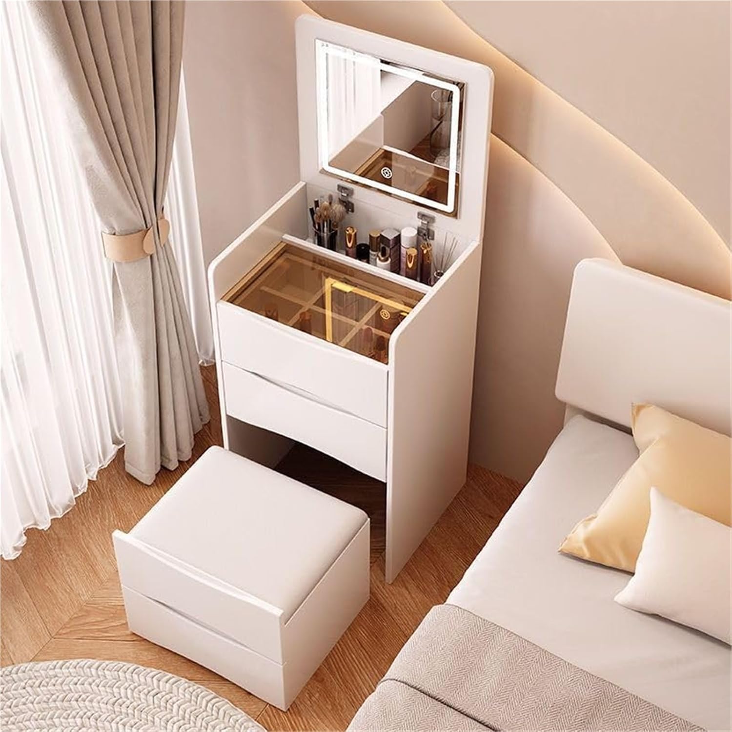 Vanity Desk with Mirror & 3 Drawer Dressing Table with Soft Stool 3-in-1 Corner Vanity Set for Living Spaces Long-Lasting(White)
