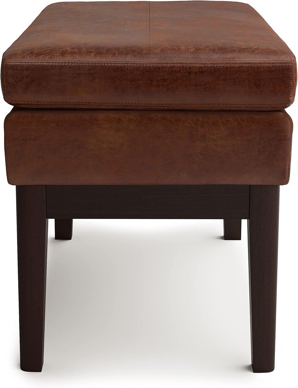 SIMPLIHOME Carlson Small Ottoman Bench - 27 inch Wide Upholstered Woven Fabric Rectangle Ottoman in Distressed Saddle Brown, Mid Century Modern Bench for Bedroom or Living Room with Padded Seat