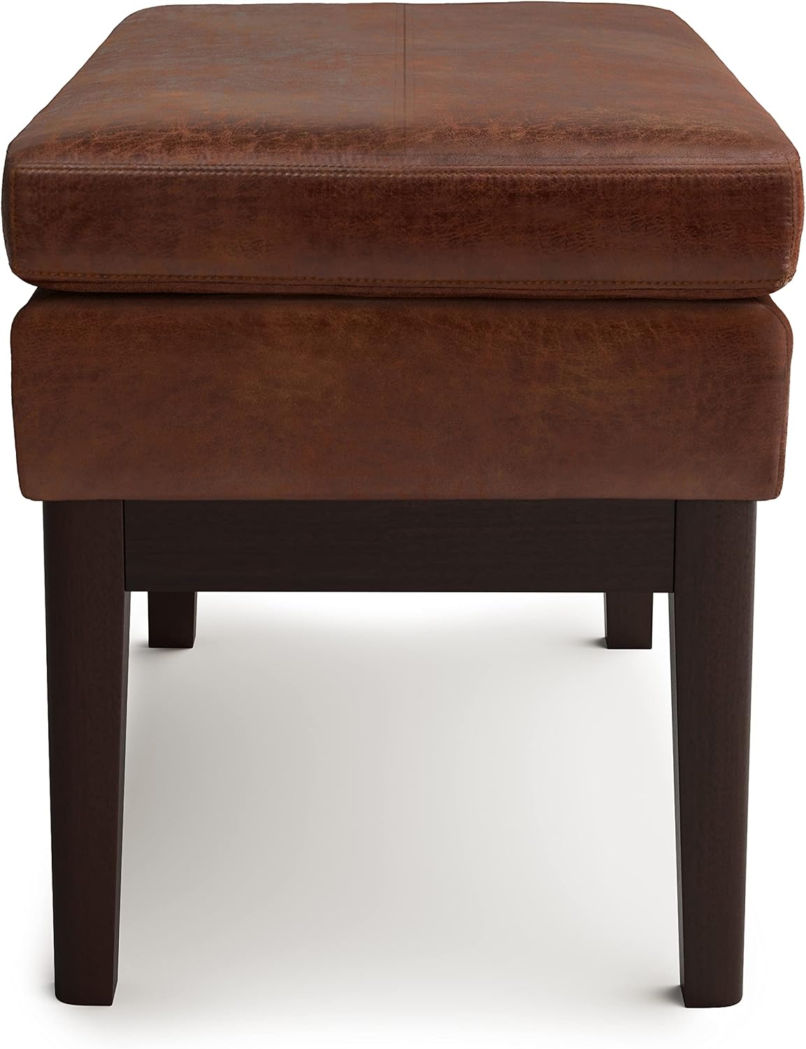 SIMPLIHOME Carlson Small Ottoman Bench - 27 inch Wide Upholstered Woven Fabric Rectangle Ottoman in Distressed Saddle Brown, Mid Century Modern Bench for Bedroom or Living Room with Padded Seat