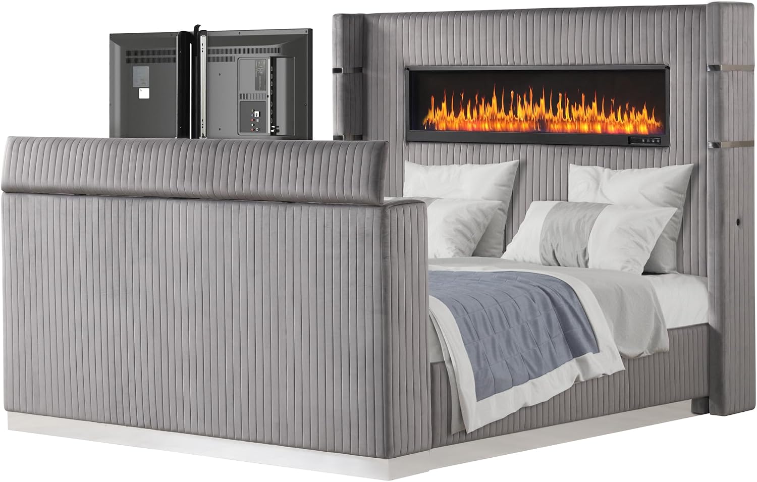 Lavish Modern Style 5 Pc King Bedroom Set Made with Fireplace in Headboard TV Stand in Footboard with Wood in Grey