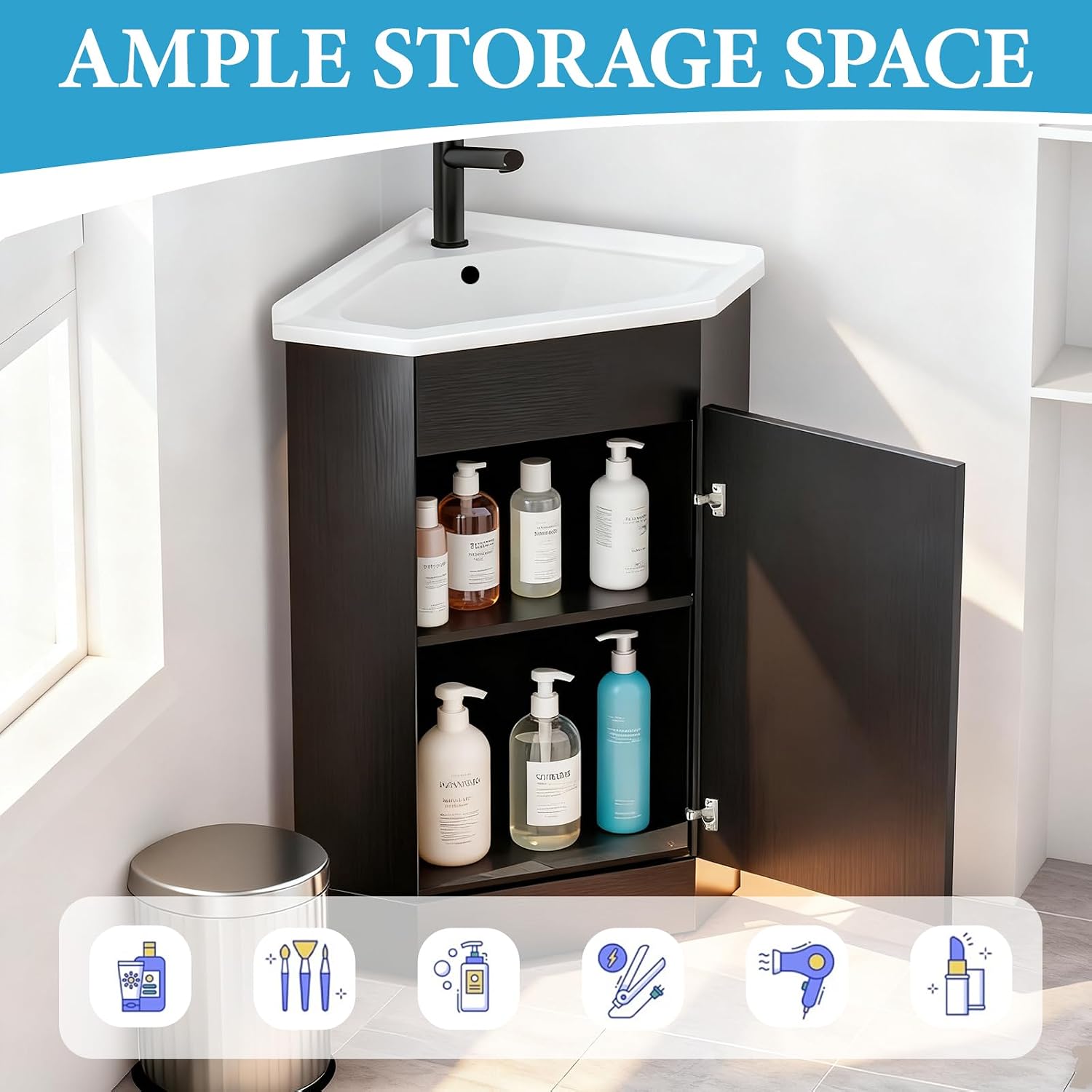 26' Corner Bathroom Vanity with Ceramic Sink for Small Space Freestanding Bathroom Cabinet Sink Combo with Shelf Modern Storage Cabinet with Console Sink Compact Space Small Utility Sink with Drain