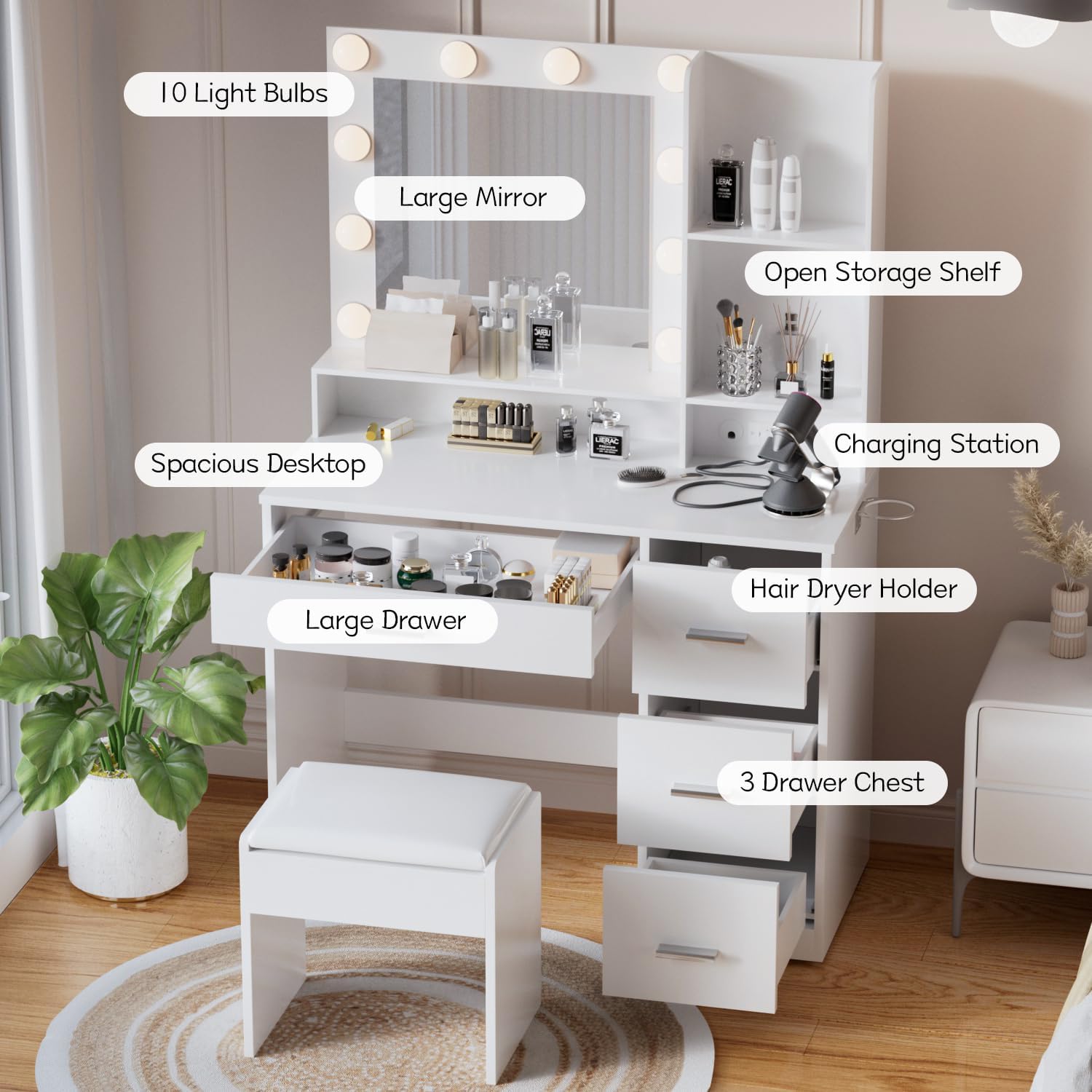 YESHOMY 39' Vanity Desk with Mirror & Lights, Makeup Vanity Table with Power Outlet & Storage Drawers, 3 Color LED Lighting, Dressing Table for Bedroom, White