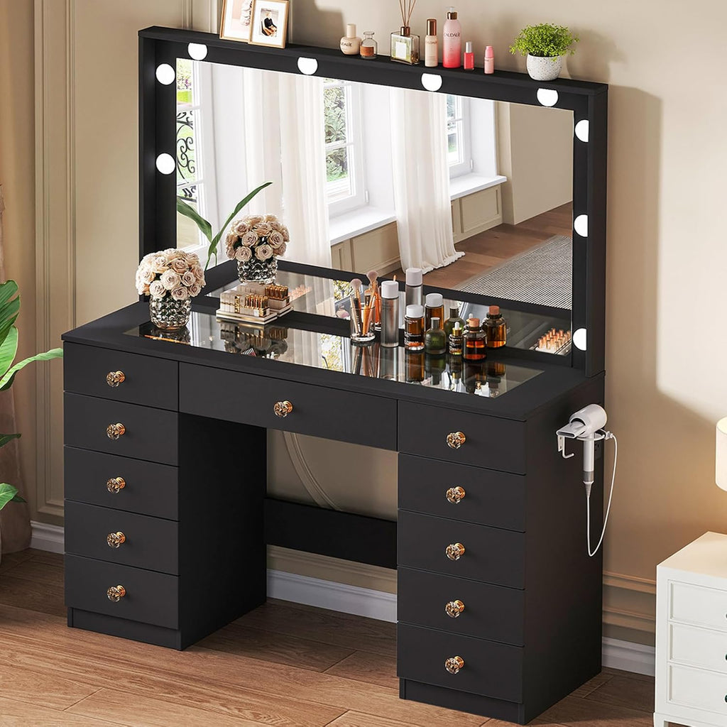 Vanity with Large Mirror and 10 LED Lights, Vanity Desk with Glasss Top, Makeup Desk with 11 Drawers & Power Outlet & Hair Dryer Stand, Dressing Table with Crystal Handles for Girls, Women (Black)