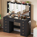 Vanity with Large Mirror and 10 LED Lights, Vanity Desk with Glasss Top, Makeup Desk with 11 Drawers & Power Outlet & Hair Dryer Stand, Dressing Table with Crystal Handles for Girls, Women (Black)
