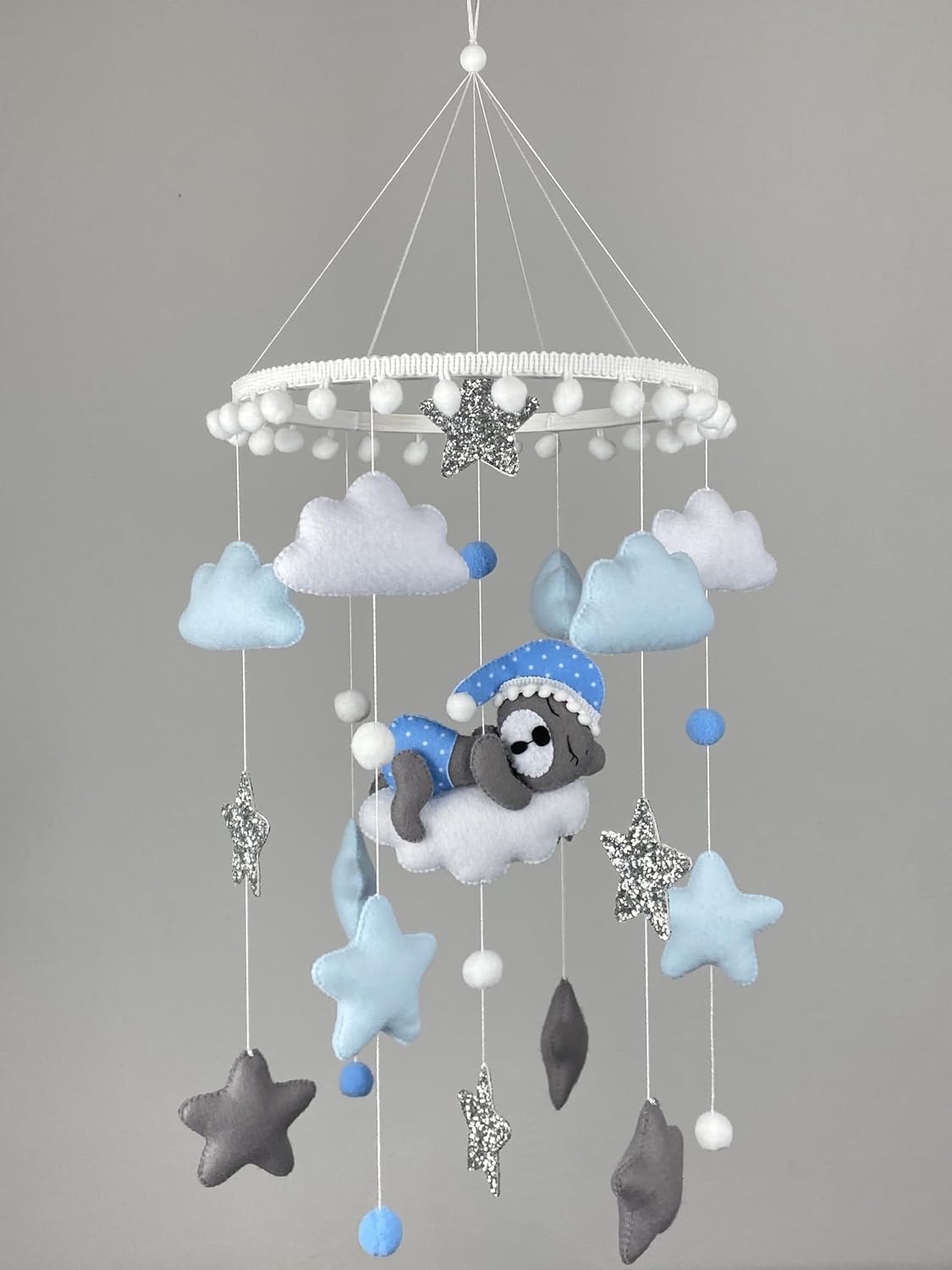 Baby Mobile for boy Crib Bear Nursery Decor Baby Crib Mobile Nursery Mobile Cot Mobile Felt Hanging Mobile Blue Teddy Bear Baby Shower New Baby boy Gift