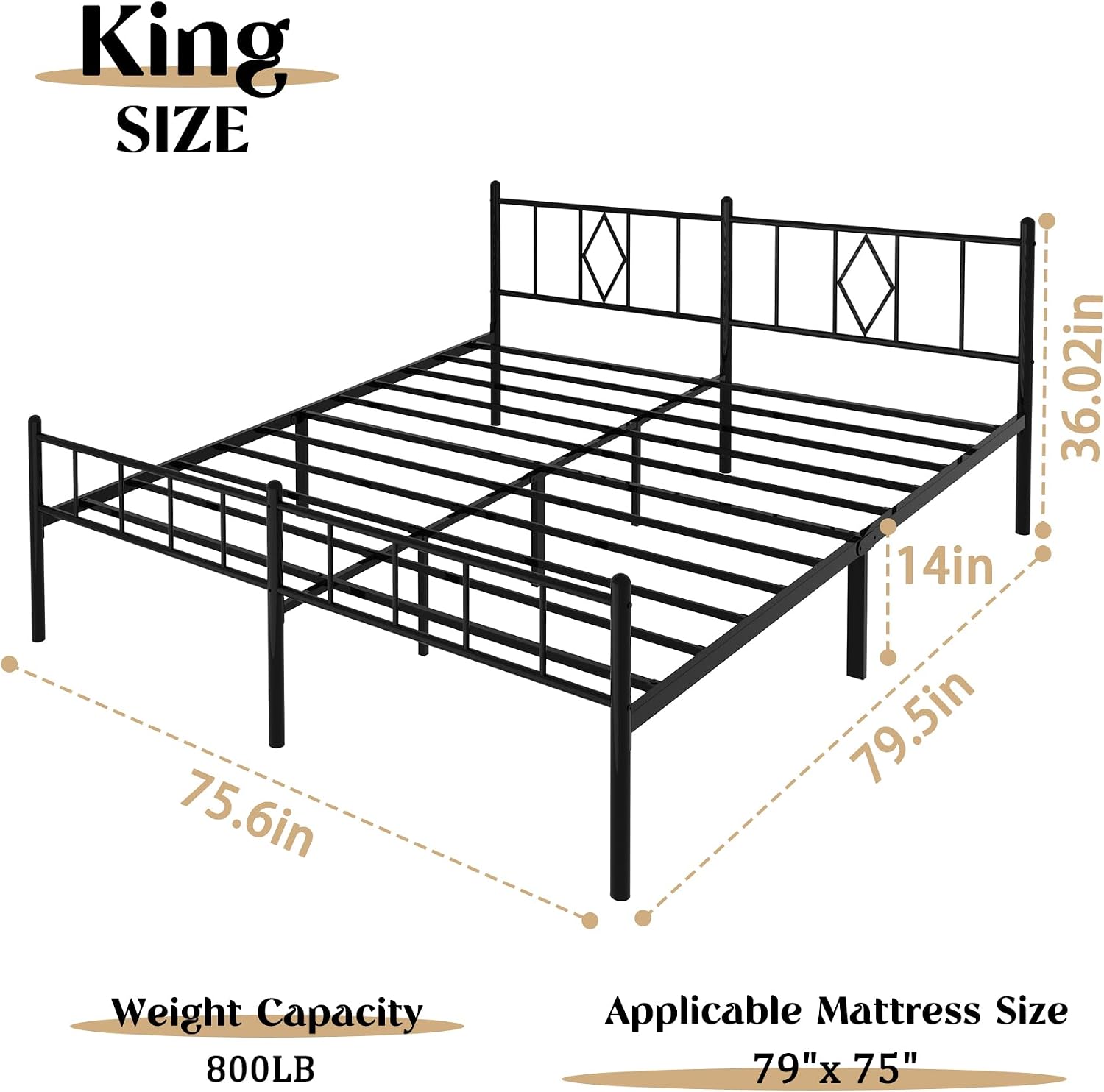 King Bed Fram 14 inch High Metal Platform Mattress Foundation King Size Bed Frame with headboard Footboard, Heavy Duty Bed Base, No Box Spring Needed Under Bed Storage Easy Assembly, Black