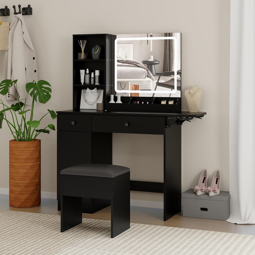 Panana Vanity Desk Set with Mirror and LED Lights, Makeup Table with 2 Drawers & 1 Cabinet, Power Outlet, Storage Cushioned Stool, Dressing Table for Bedroom (Black)