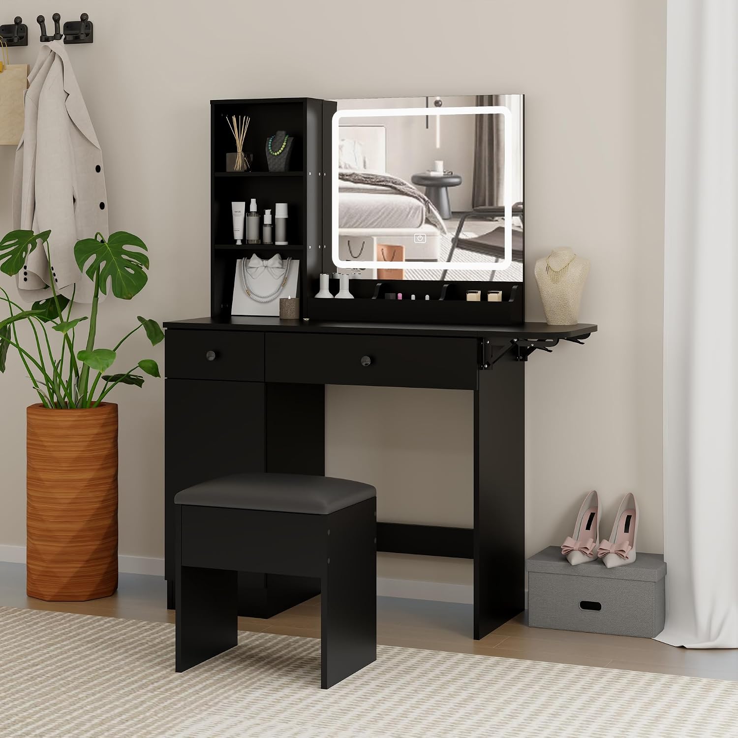 Panana Vanity Desk Set with Mirror and LED Lights, Makeup Table with 2 Drawers & 1 Cabinet, Power Outlet, Storage Cushioned Stool, Dressing Table for Bedroom (Black)