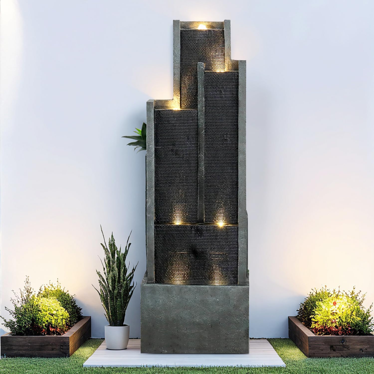 SunJet 5-Tier Modern Water Fountain, Indoor/Outdoor Resin Water Fountains with Soothing Water Sounds & Warm LED Light, Perfect for Garden, Patio, Home & Office, 16.9' L x 9.8' W x 50.7' H