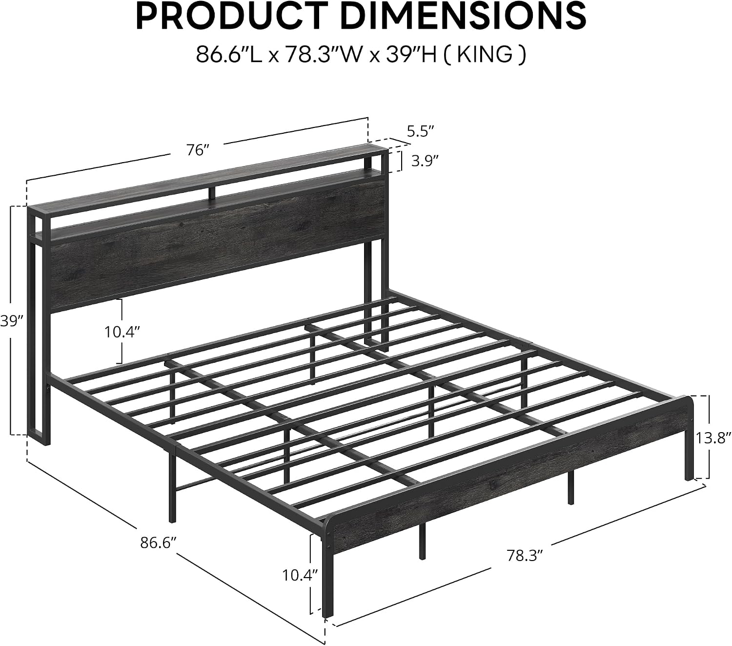 LIKIMIO King Bed Frame with Headboard, Dark Wood Camas King with Strong Supports, Sturdy, Noise-Free, No Box Spring Needed, Grey