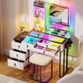 RGB Vanity Desk with Mirror and Lights, Glass Top Makeup Vanity Table with Wireless Charging Station, Dressing Table with Chair & 6 Drawers (White)