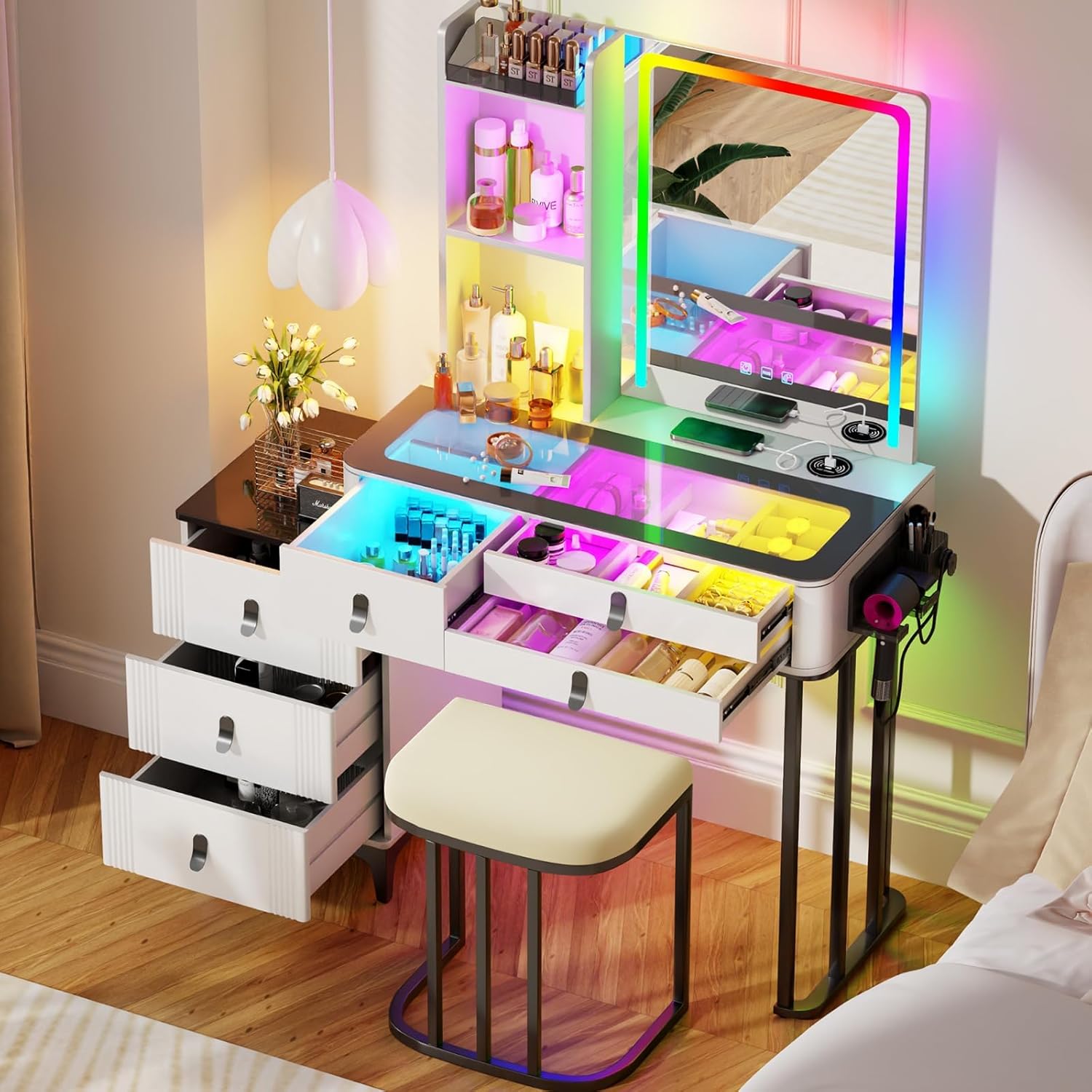 RGB Vanity Desk with Mirror and Lights, Glass Top Makeup Vanity Table with Wireless Charging Station, Dressing Table with Chair & 6 Drawers (White)